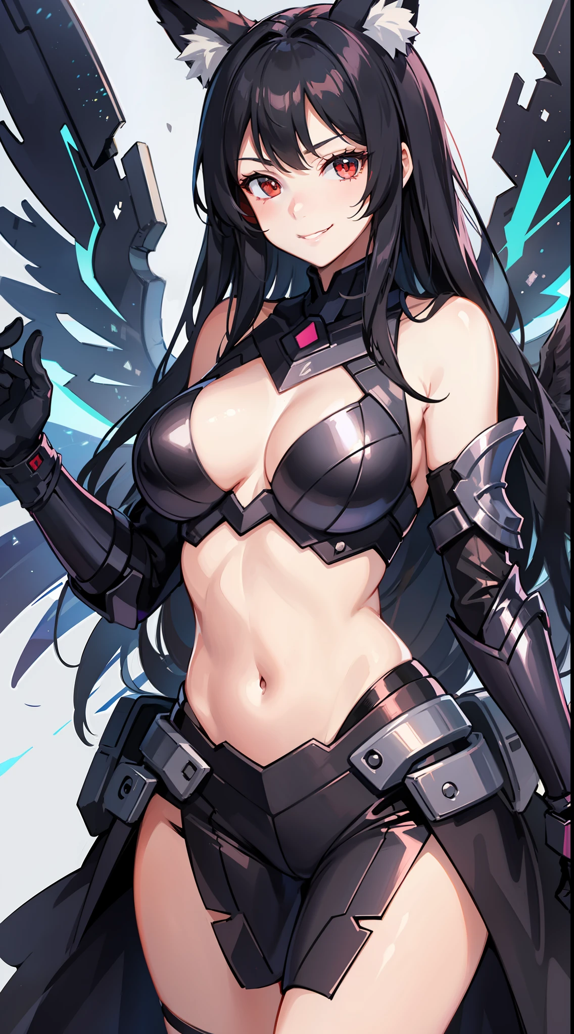 young girl, Long black hair, Fox ears, red eyes, smirk, Decepticon armor, Starskrim, open shoulders, open breasts, smirk, wings, Masterpiece, highly quality