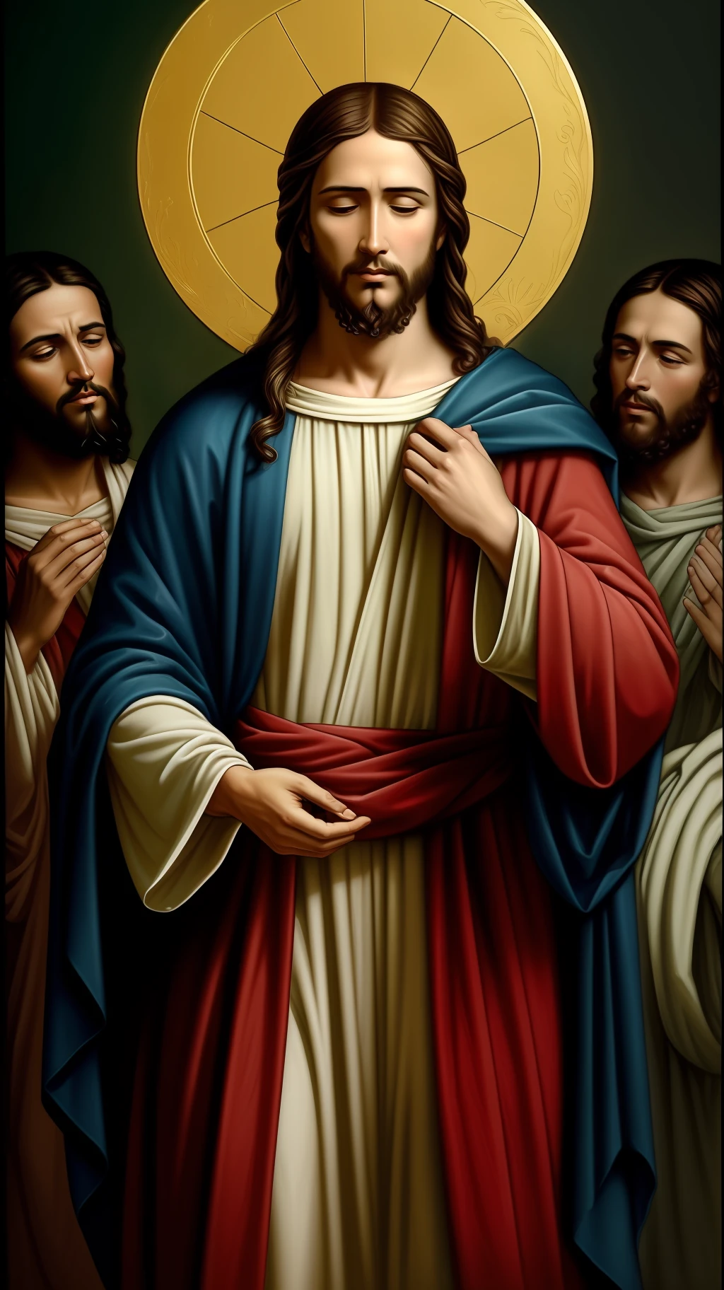 uma imagem de Jesus Cristo, as described in the Bible. Ele deve ser retratado como um homem com cabelos longos e barba, wearing simple period clothes. He should have a serene and loving expression on his face, and may be surrounded by his disciples or performing a miracle. The image must be faithful to biblical descriptions and represent the divine nature of Jesus.