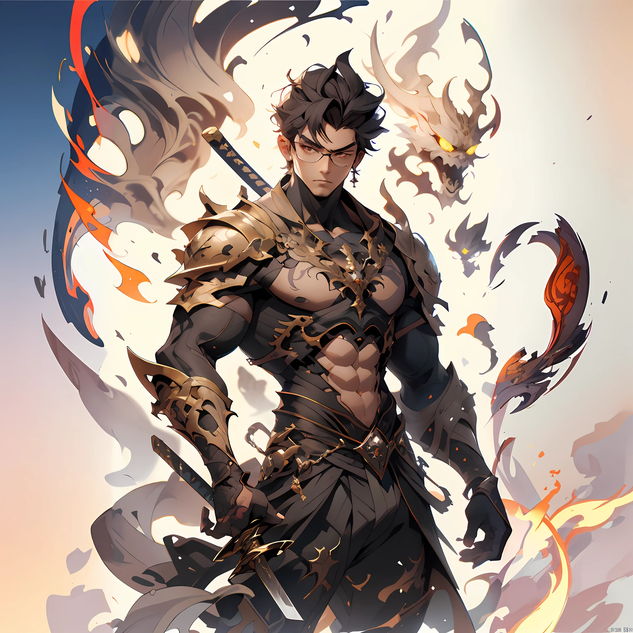 anime character with a sword and armor standing in front of a fire, par Yang J, handsome guy in demon slayer art, Keqing de Genshin Impact, Detailed digital anime art, detailed anime character art, par Ryan Yee, par Yang Jin, epic fantasy art style, par Shen Zhou, par Zhou Chen, Zhongli de Genshin Impact
