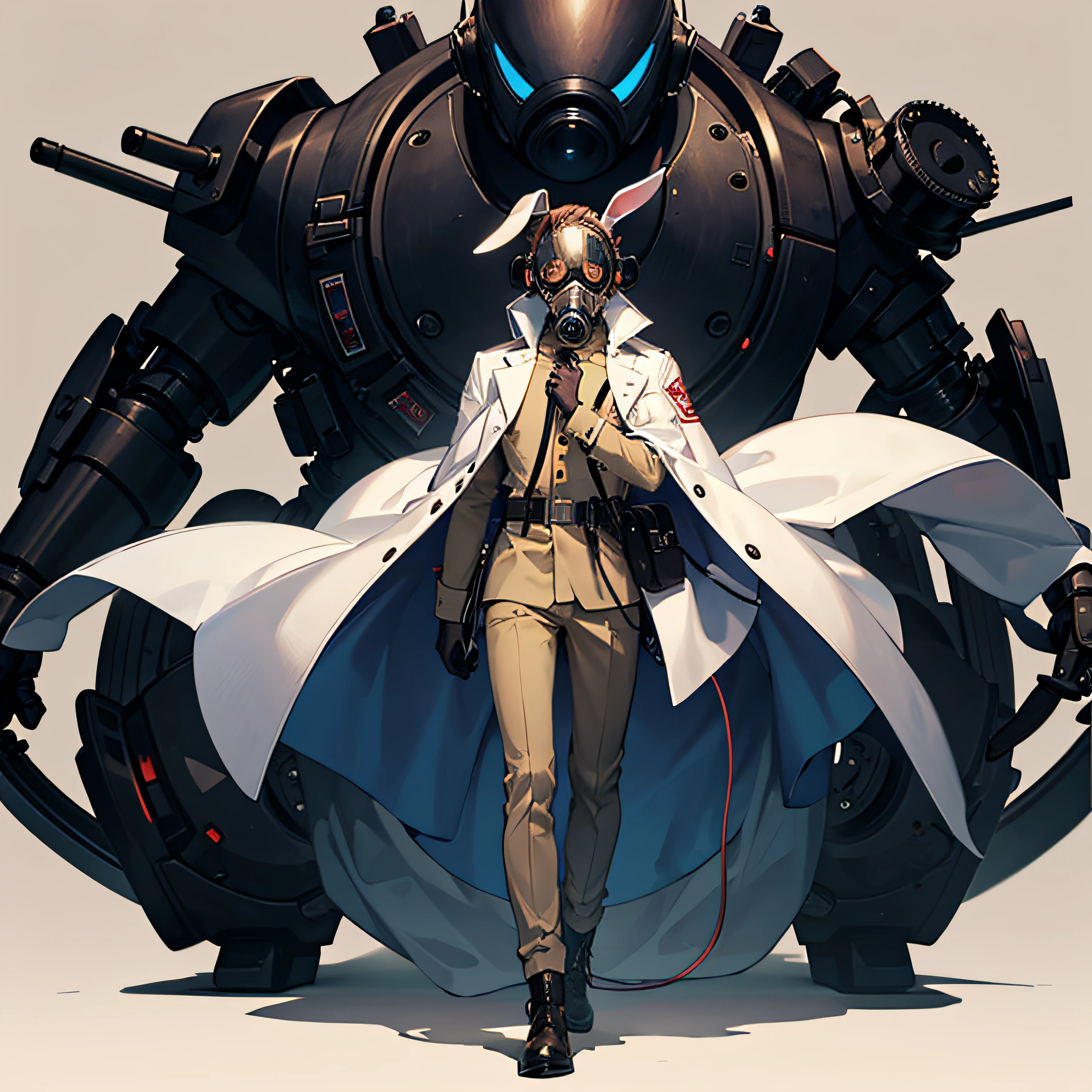 male people, 小柄, Wearing a gas mask, Wearing headphones, With rabbit ears on the head, The body is a cyborg, white back ground, Wearing machine goggles, Wearing a long khaki coat, Wearing boots, Full body,