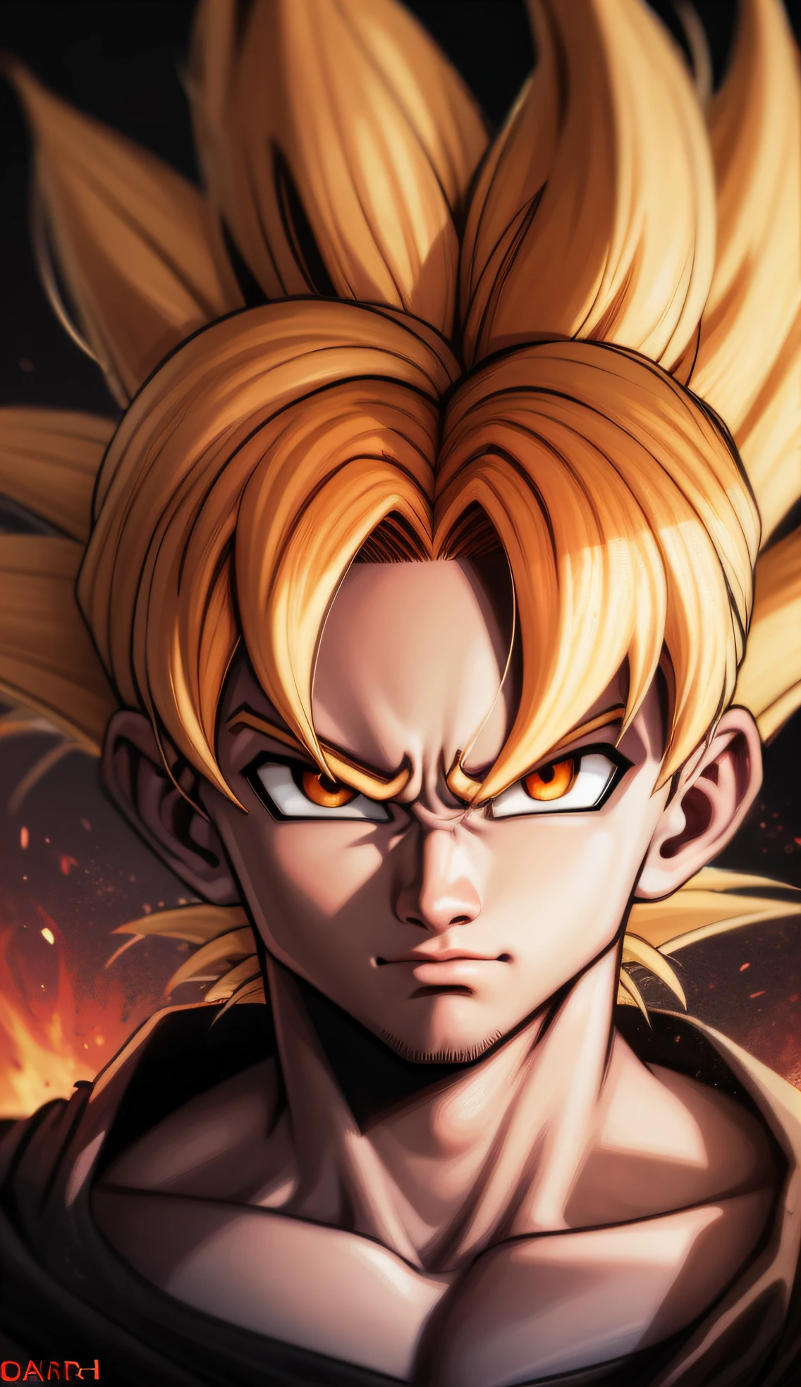 Um close up de um desenho animado de um jovem Gohan com um fogo ao fundo, Retrato altamente detalhado de Goku, striking manga artstyle, Retrato de Goku, Super Saiyajin, 4 k manga wallpaper, estilo de arte de dragon ball, Retrato de Goku, Super Saiyajin Goku, arte de anime digital detalhada, estilo anime 4K, arte chave do anime, epic anime style , olhos verdes
