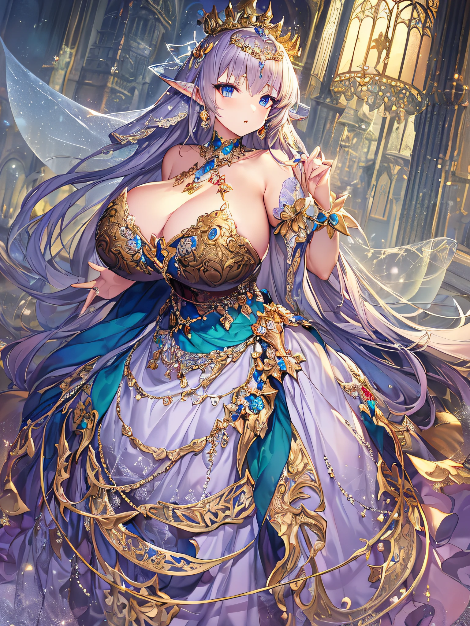 ((anime artstyle)),(Masterpiece),(Best Quality), (Super Detail),((Very Delicate and Beautiful)),Focus on character,Dynamic Angle,Looking at viewer,((Solo)),standing,(((full body))),(((one fairy tale world princess in gorgeous ball gown with voluminous skirt))),detailed face and eyes,jewel-like eyes,((Very Long voluminous Hair)),gorgeous embroidery and lace,See-through,ornate ruffles,Gorgeous jewelry ornaments,luxury hair ornament,luxury tiara with jewels,(gigantic breasts,Long breasts),full body,full body,((Fairytale atmosphere)),jeweled ball gown,((fairy tale gorgeous ball gown with voluminous skirt))
