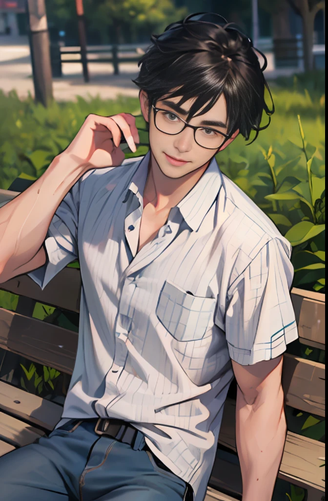 (Maste Piece), Best Quality, ultra-high-resolution, Approaching perfection, 4K resolution, 8K resolution, Highly detailed, Fine detail, full of color, and intricate detailing,High quality, 1man, Solo, (japanes Middle-aged male), Wearing glasses, 40yo, slim figure, navy gingham check short sleeve shirt, jeans, Hair parted in the middle, Black hair mixed with gray hair, Messy hair, Poor posture, Sitting on a park bench, (Detailed face),holds a smart phone in one hand, Smile