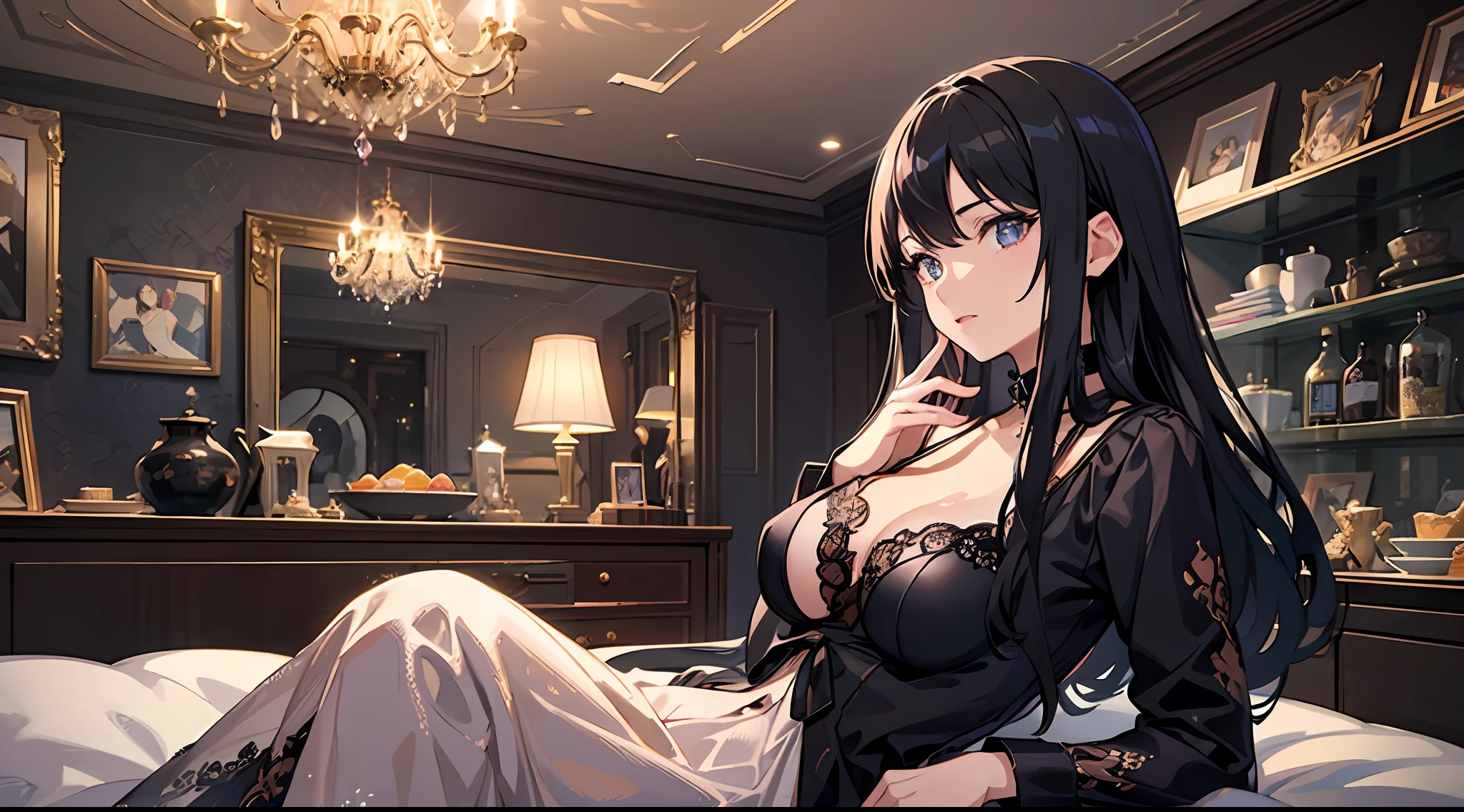 1womanl，A beautiful middle-aged woman with long black hair，Mature woman，Royal sister，Wear black pajamas，with a good figure，In a villa，sit on a bed，Look to the left，Very luxurious decorations，Exquisite facial features，Clear facial expressions，Detailed digital anime art，Digital anime art，High quality anime art style，Handsome anime pose，Smooth anime CG art，It was dark，There is moonshine，There are lights in the living room