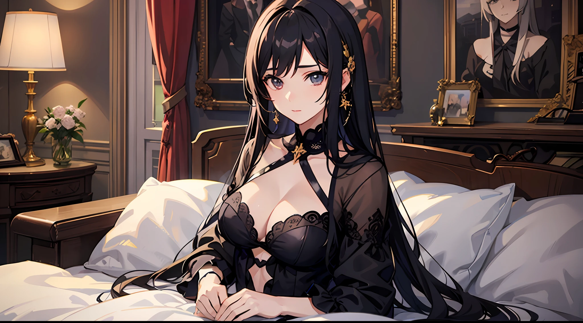 1womanl，A beautiful middle-aged woman with long black hair，Mature woman，Royal sister，Wear black pajamas，with a good figure，In a villa，sit on a bed，Look to the left，Very luxurious decorations，Exquisite facial features，Clear facial expressions，Detailed digital anime art，Digital anime art，High quality anime art style，Handsome anime pose，Smooth anime CG art，It was dark，There is moonshine，There are lights in the living room