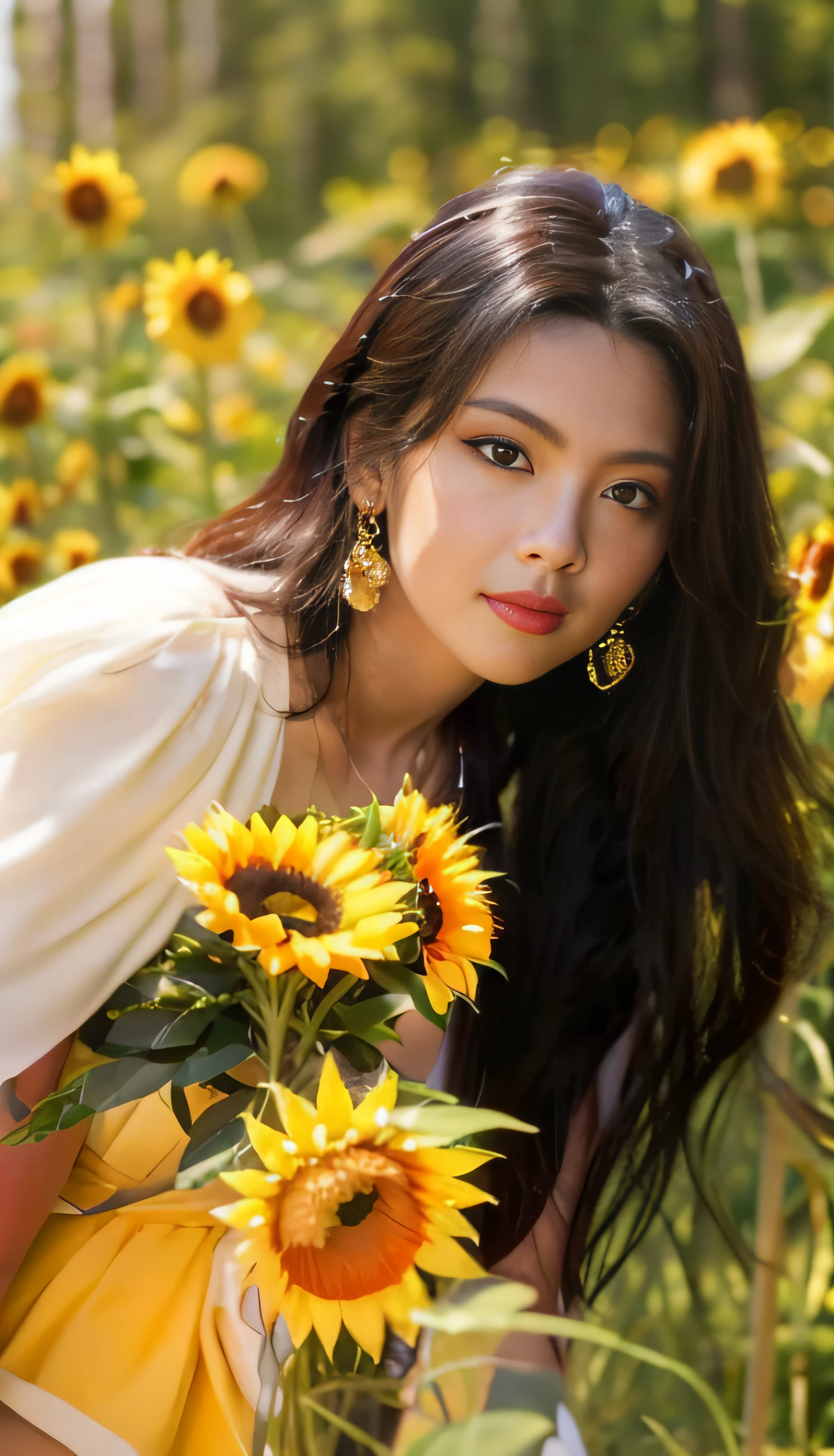 a close up of a woman in a green dress holding a sunflower, hot with shining sun, inspired by Xie Sun, Inspired by Huang Ji, sunflowers in the background, gorgeous chinese models, blackpink jennie, tzuyu from twice, xintong chen, gongbi, inspired by Wu Bin, Album art, Beautiful sunflower girl, Lu Ji, xision wu