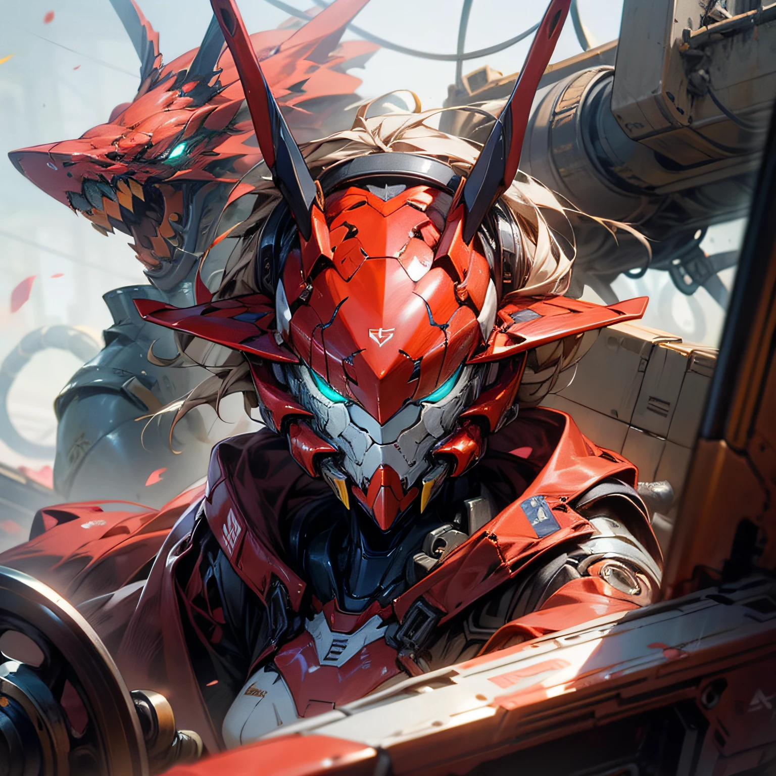 Day man（《DARLING in the FRANXX》，The heroine，）02，Mecha girl，Darling（The eye，abundantly detailed，）Detailed face，Dragon head mech，Mecha style，Best Quority，8k wall paper，battleground background， Mechanized Valkyrie girl,cyber punk style， --auto