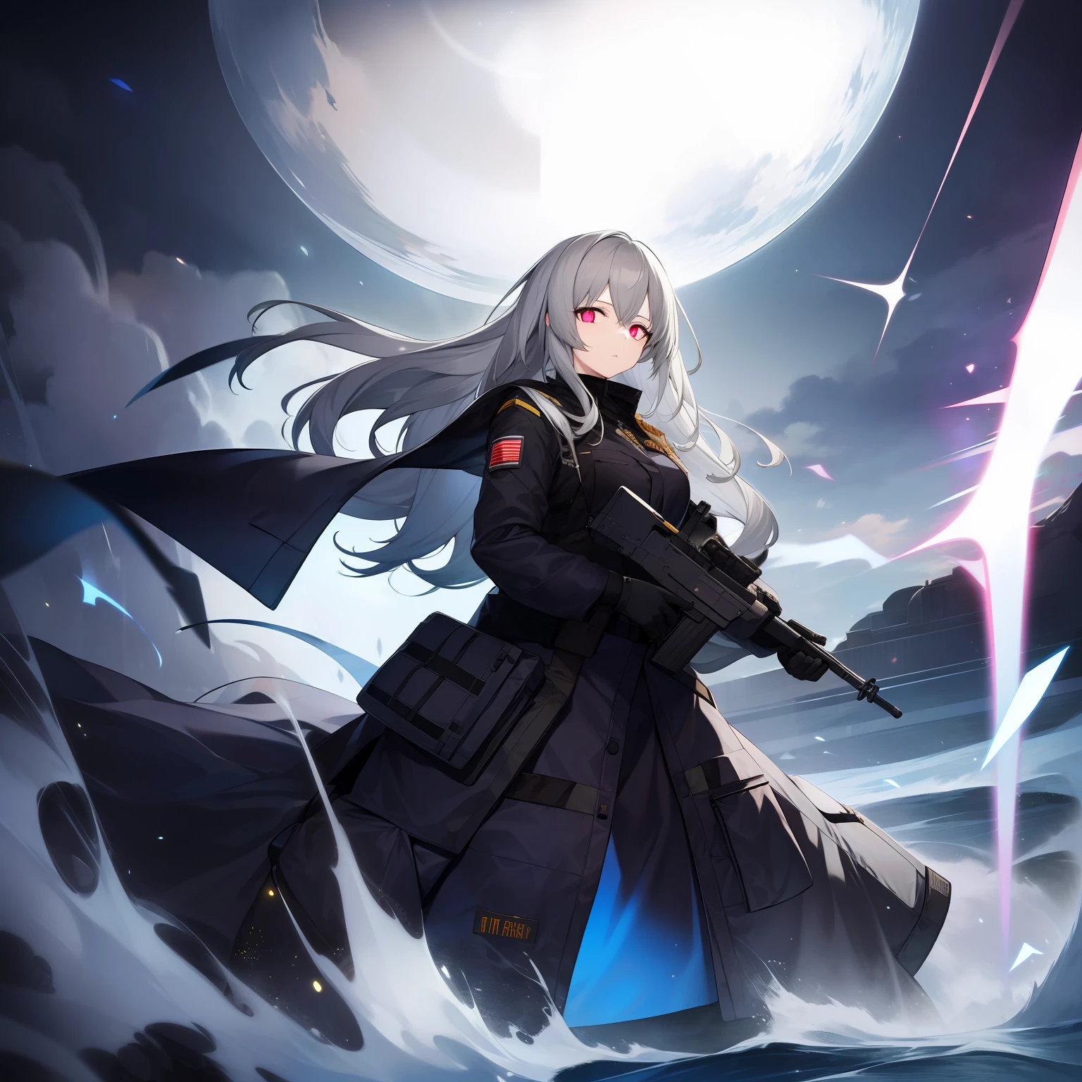 1girl, long gray hair, military gear, black clothes, oxygen mask, black gloves, glowing purple eyes