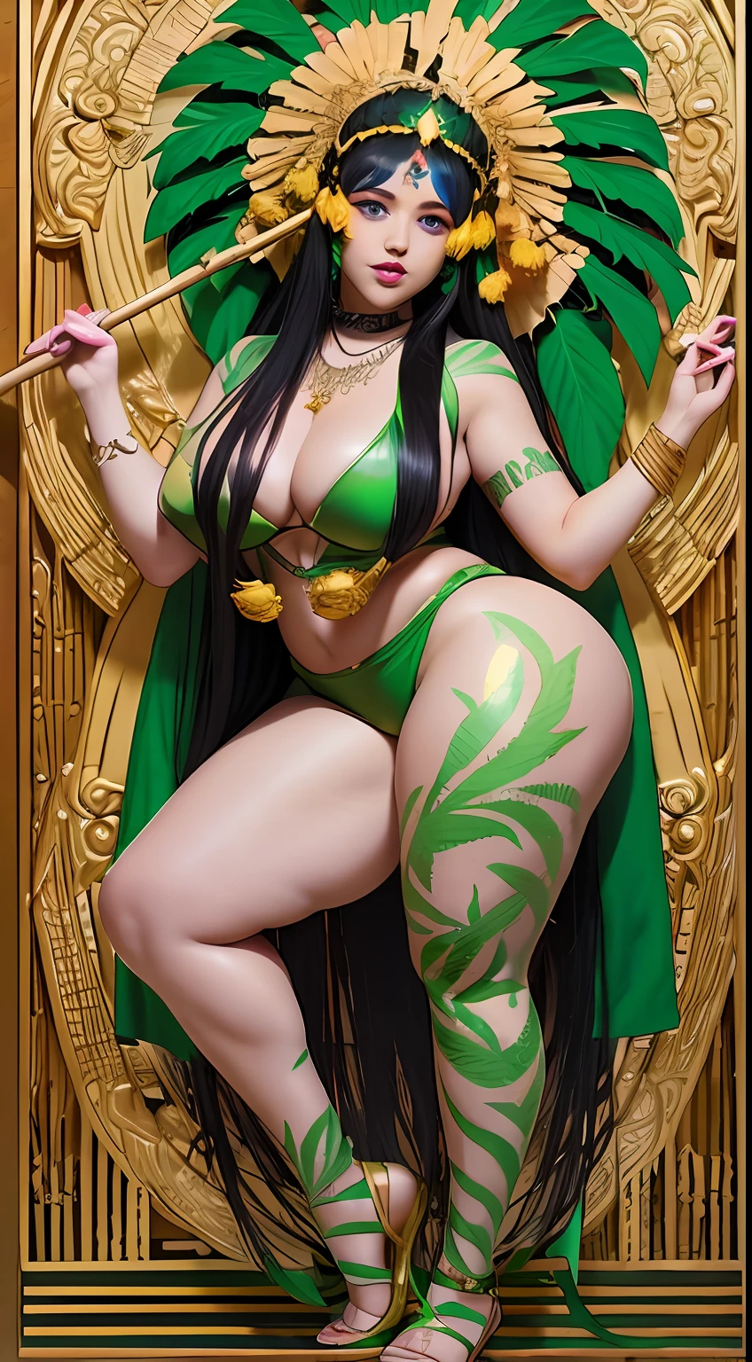 Wild Australia, Sundanese Culture, Australia Art, Australia Style, sexy, exotics, full body shot, extreme tanned skin, extreme long black straight hair messes over naked boobs, huge green marijuana leaf headdress, big cheeks, long legs, thick, voluptuous, indigenous gold and green breast painting, breast painted green and gold, indigenous gold and green facial painting, huge green marijuana leaf necklace, honey eyes
