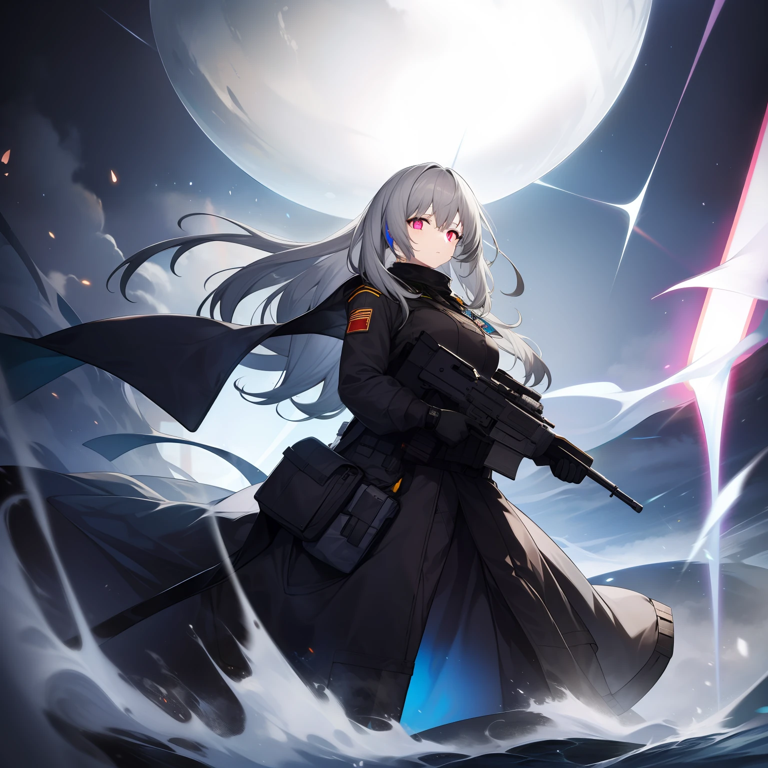 1girl, long gray hair, military gear, black clothes, oxygen mask, black gloves, glowing purple eyes