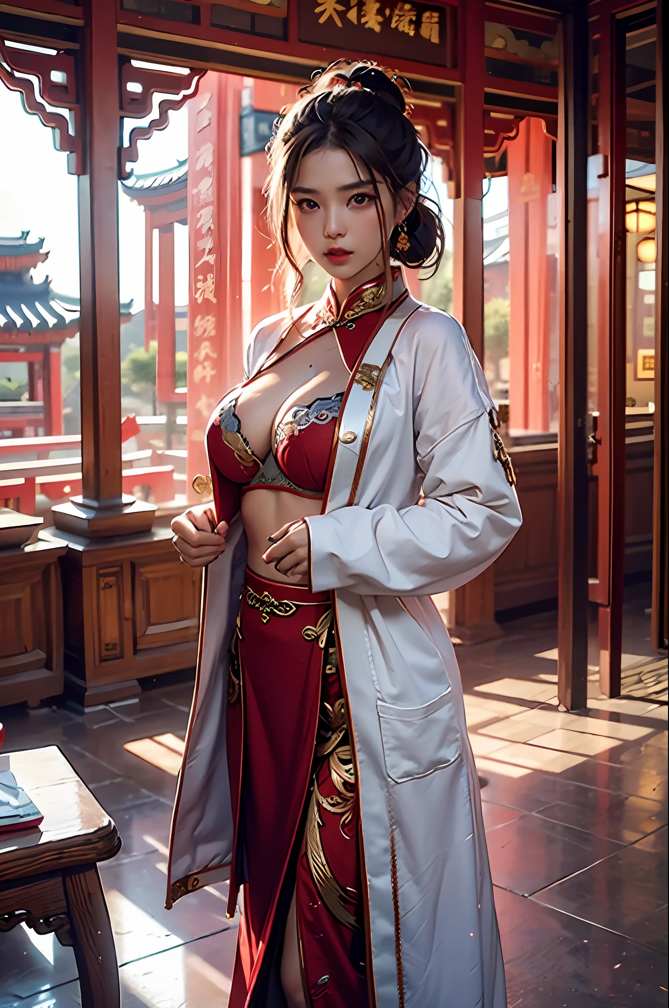 best qulity,The Masterpiece,ultra-highres,(lifelike:1.4),xiuxian,arma,Detail face,
1girls,独奏,arma,,(Magical Circle:1.2),High-forked cheongsam,upperl body,Beautiful highschool girl,full full body,east asian architecture,jacket,architectural,Large big tits,Leaking cleavage,Red bra