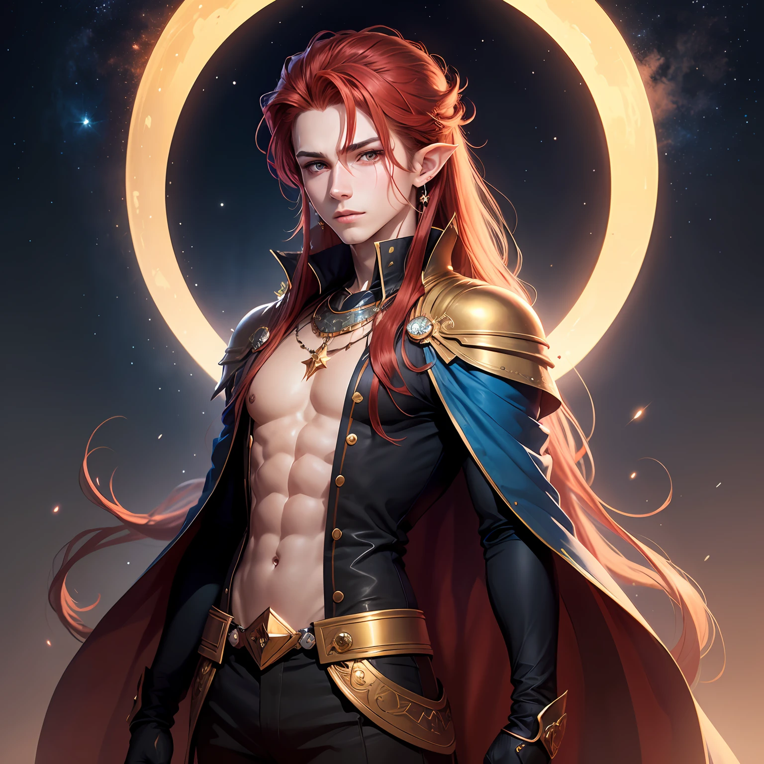 young man, red hair, long hair, grey eyes, slim body, fantasy, beauty mark under both eyes, pointy ears, golden jewellery, pale skin, dark blue clothes with golden details, no orange details, anime style, stars decoration, stars accessories, magic, night sky --auto