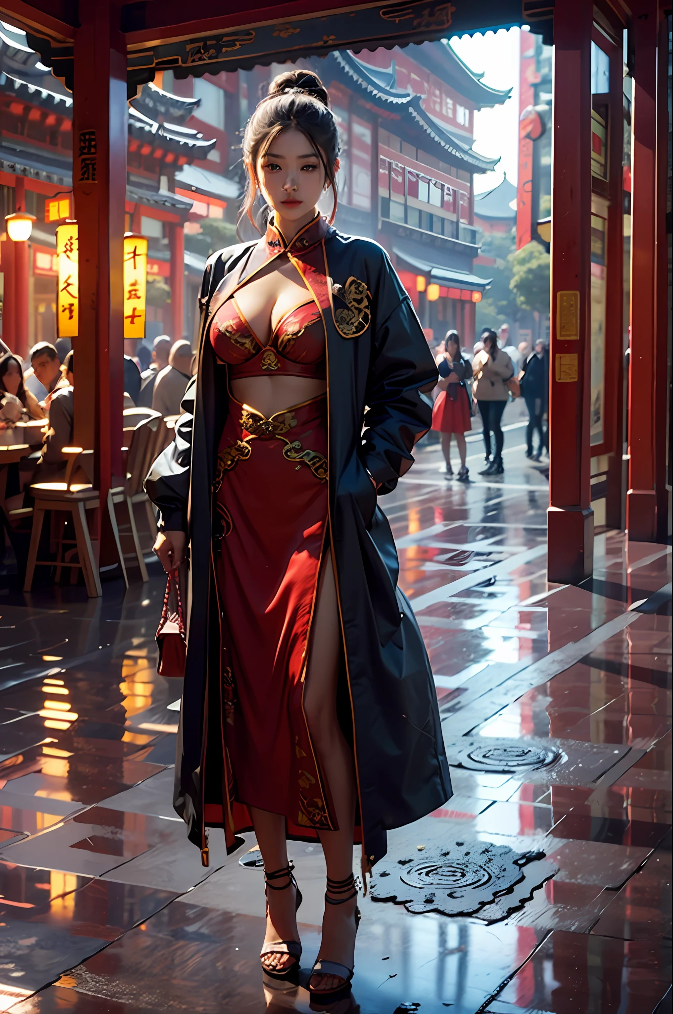 best qulity，The Masterpiece，ultra-highres，（lifelike：1.4），xiuxian，arma，Detail face，
1girls，独奏，arma，，（Magical Circle：1.2），High-forked cheongsam，upperl body，Beautiful highschool girl，full full body，east asian architecture，jacket，architectural，Large big tits，Leaking cleavage，Red bra