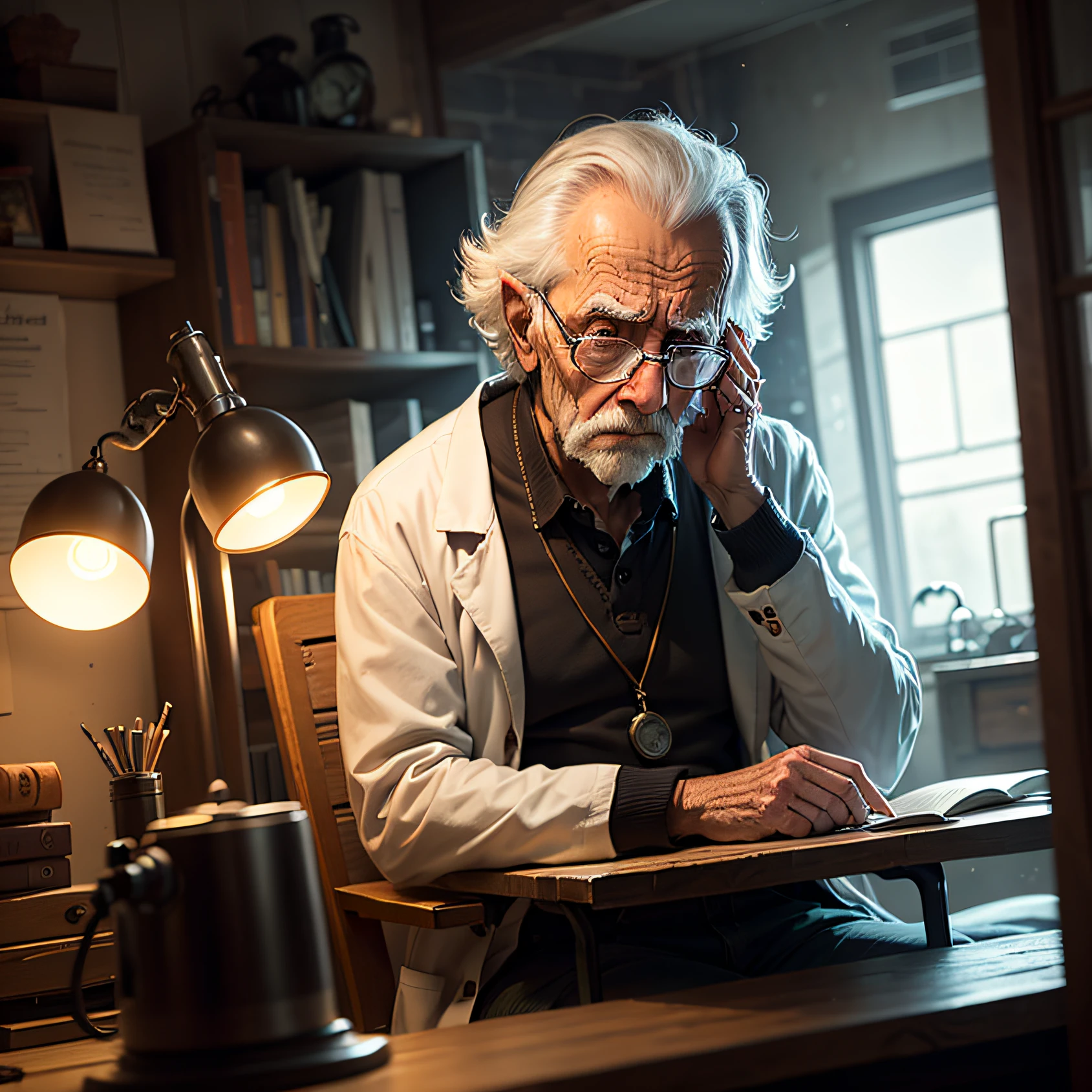 sad old scientist sitting in a dark labrotary --auto