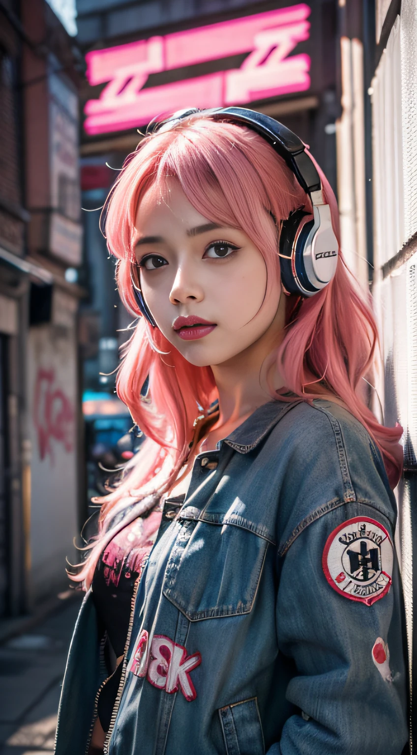 Realistic style 4K wallpaper,Arad woman with pink hair and headphones in front of graffiti,3D realistic style,Reality is real,Best realistic 8K Konachan wallpaper,cyber punk Girl,Anime girls render realistic,attention-grabbing。