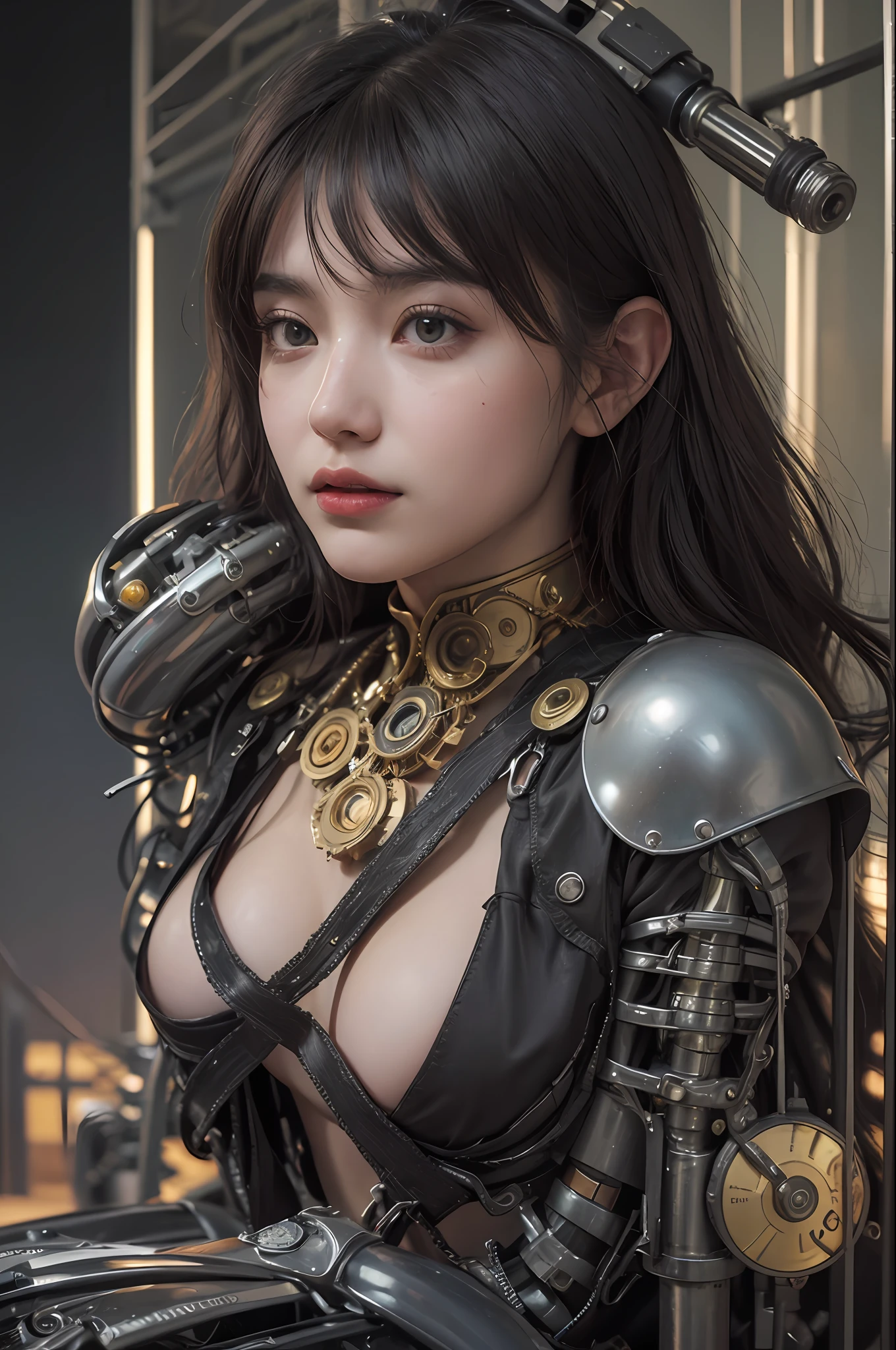 beste-Qualit、шедевр、ultra-high-resolution、(photo- realistic:1.4)、Raw photo、1人、Black hair、glowy skin、steampunk suit、((hyper realistic detail))、portlate、Global Illumination、Shadow、octan render、in 8K、ultrasharp、tetas grandes、Raw skin is exposed in cleavage、steampunc、metals、Golden gears、Hydraulic cylinder、Details of complex ornaments、Gothloli details、Luminous tube、extremely intricate detail、Realistic light、CGSoation Trends、purple-eyed、radiant eyes、Facing the camera、neon details、Mechanical limbs、blood vessels connected to tubes、Mechanical vertebrae attached to the back、mechanical cervical attaching to neck、sitting on、Wires and cables connecting to the head、Small LED lamp、The backdrop is a steampunk city of the future、