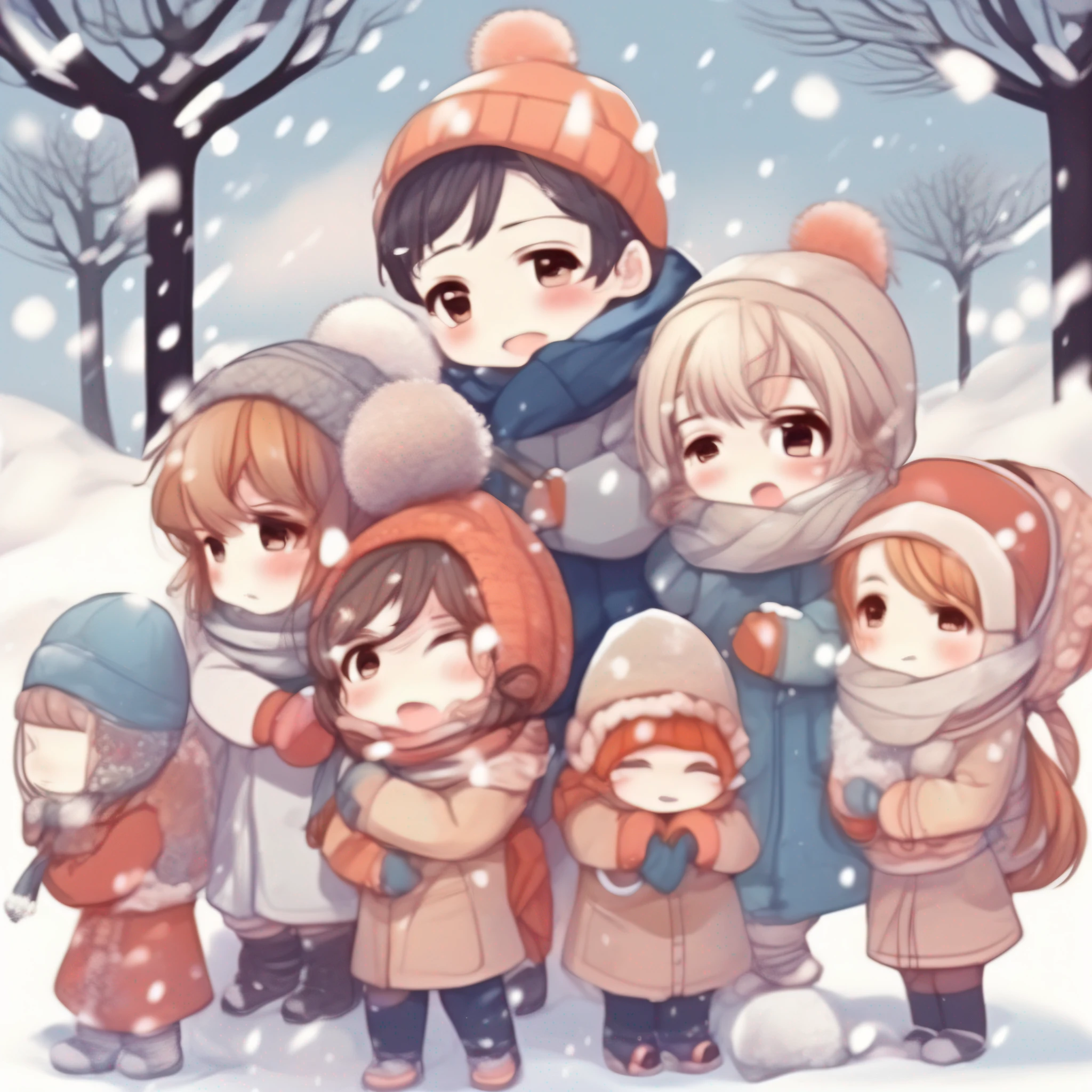 Heavy snowfall，There was a boy and 6 girls in the snow，Boys and girls are born chibi