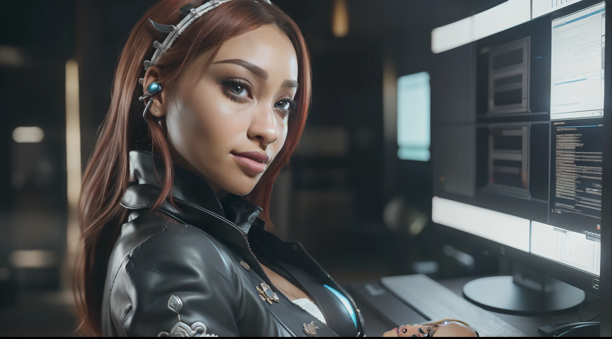 (8k, ARTISTIC photography, best quality, masterpiece: 1.2), (realistic, photorealistic: 1.37),((Doja cat)), over-detailed, (high-detail skin: 1.2), 8k uhd, SLR camera, soft lighting, high quality, film grain, Fujifilm XT3, professional lighting, photonic display, brightness, physically rendered photo (cyber punk Girl, hacker, dark skin, Red hair ), beautiful face, (hacking console) ((half smile)), over-detailed face, (((big open eyes))), beautiful body, voluptuous body, (( dressed as futuristic samurai)), (((over-detailed leather clothing))), (((the color of the clothes is White))), (((extremely intricate outfits))), dynamic posing with a hackers computer and console in the background, (((pure 8K))), (((perfect anatomy))), extremely high-quality graphics, dark room, Riddley Scott, ghost in the shell, Denis Villeneuve, Cyberpunk 2077, omputer server, LCD screen, fiber optic cable, company logo rule of thirds, wide aperture(((cinematic lighting))), ((clear details)), complex, highly detailed background,