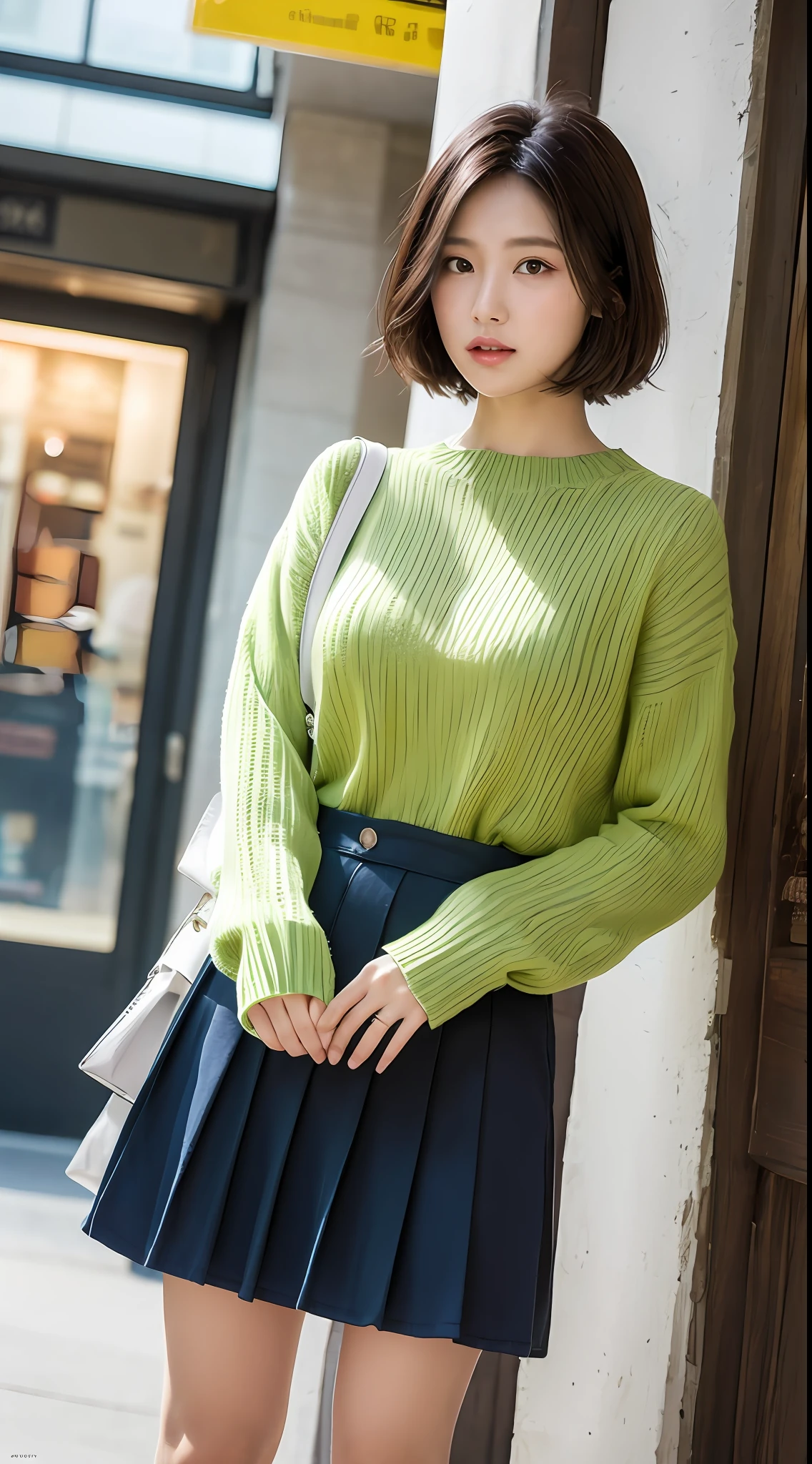 (Highly detailed CG Unity 8k wallpaper), (masterpiece), (best quality), (super detailed), (best illustration), (best shadow), ultra high resolution, (realistic, photorealistic: 1.2), young married woman, disheveled short hair, big breasts, shopping mall café, exquisite summer sweater, floral blouse, pleated light green long skirt, puffy eyes, Viewer, close-up, cloudy soft rays, shopping bag