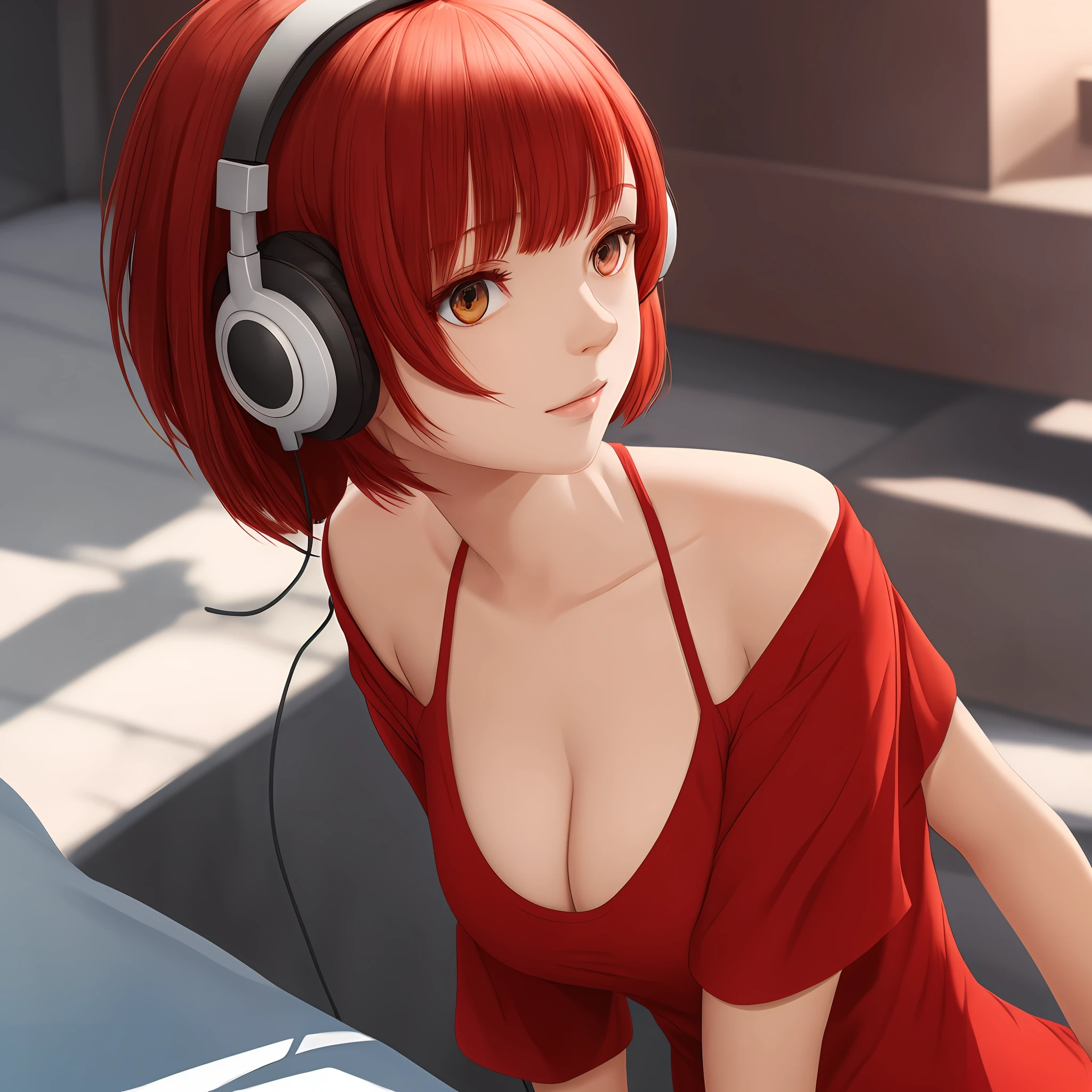 Red shorthair,head phone,tetas grandes,Lower breast,gravure,шедевр,4k,animated cartoon,Beautie --auto