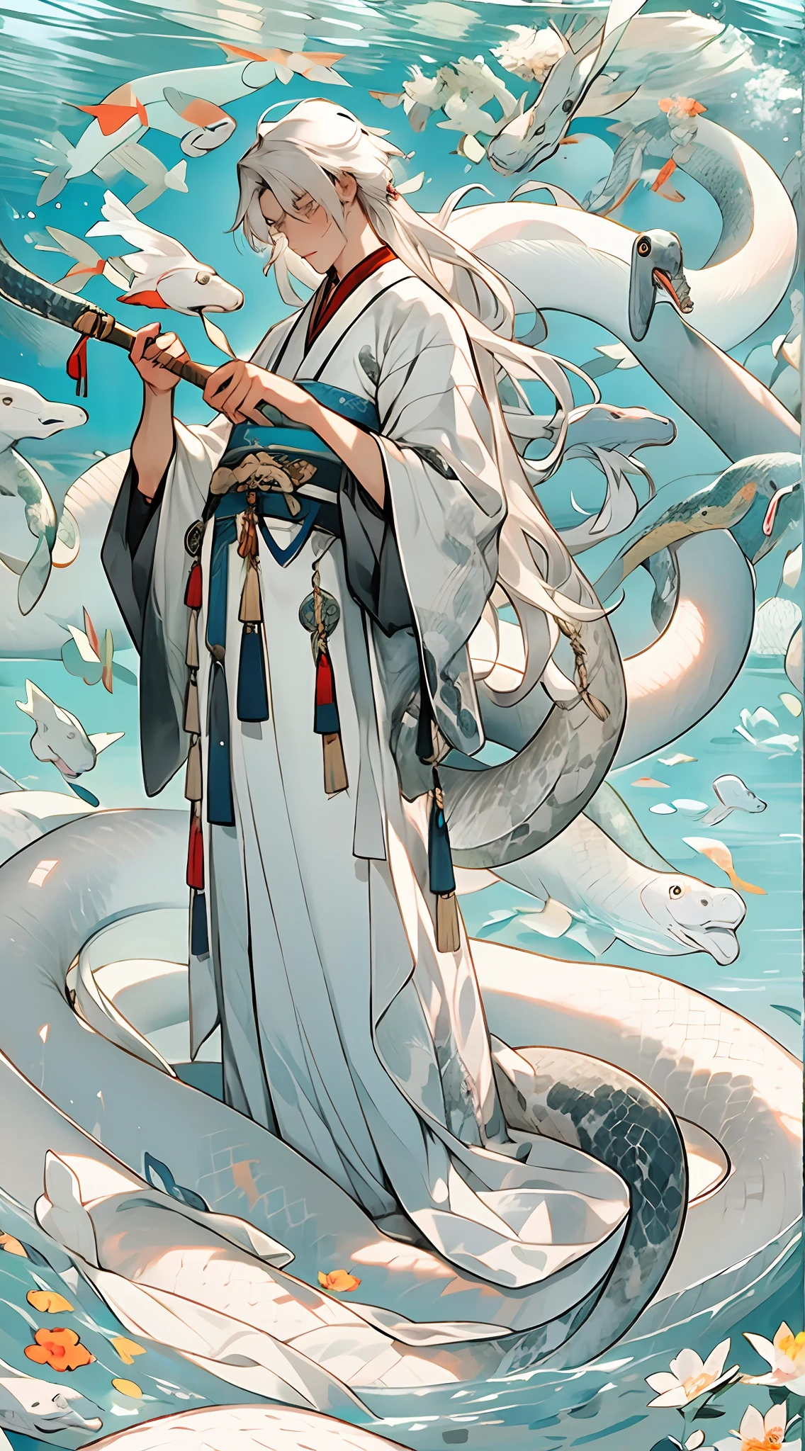 1boys，Male，Man，Hanfu，Chinese clothing，White hair，White Snake，huge snake，Water