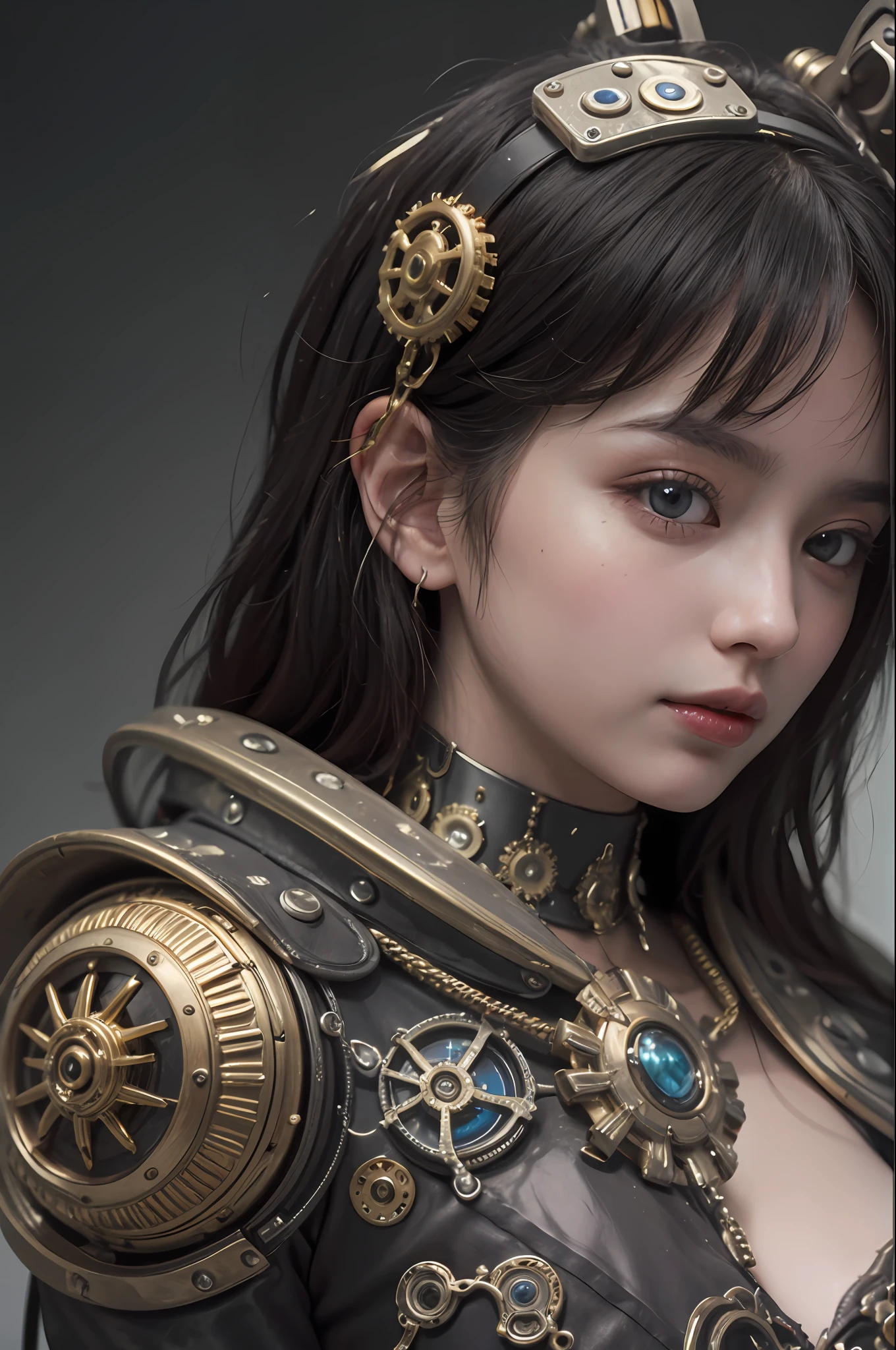 beste-Qualit、шедевр、ultra-high-resolution、(photo- realistic:1.4)、Raw photo、女の子1人、Black hair、glowy skin、Steampunk Girl、((hyper realistic detail))、portlate、Global Illumination、Shadow、octan render、in 8K、ultrasharp、tetas grandes、Raw skin is exposed in cleavage、steampunc、metals、Golden gears、Hydraulic cylinder、Details of complex ornaments、Gothloli details、Luminous tube、extremely intricate detail、Realistic light、CGSoation Trends、purple-eyed、radiant eyes、Facing the camera、neon details、Mechanical limbs、blood vessels connected to tubes、Mechanical vertebrae attached to the back、mechanical cervical attaching to neck、sitting on、Wires and cables connecting to the head、Small LED lamp、The backdrop is a steampunk city of the future、