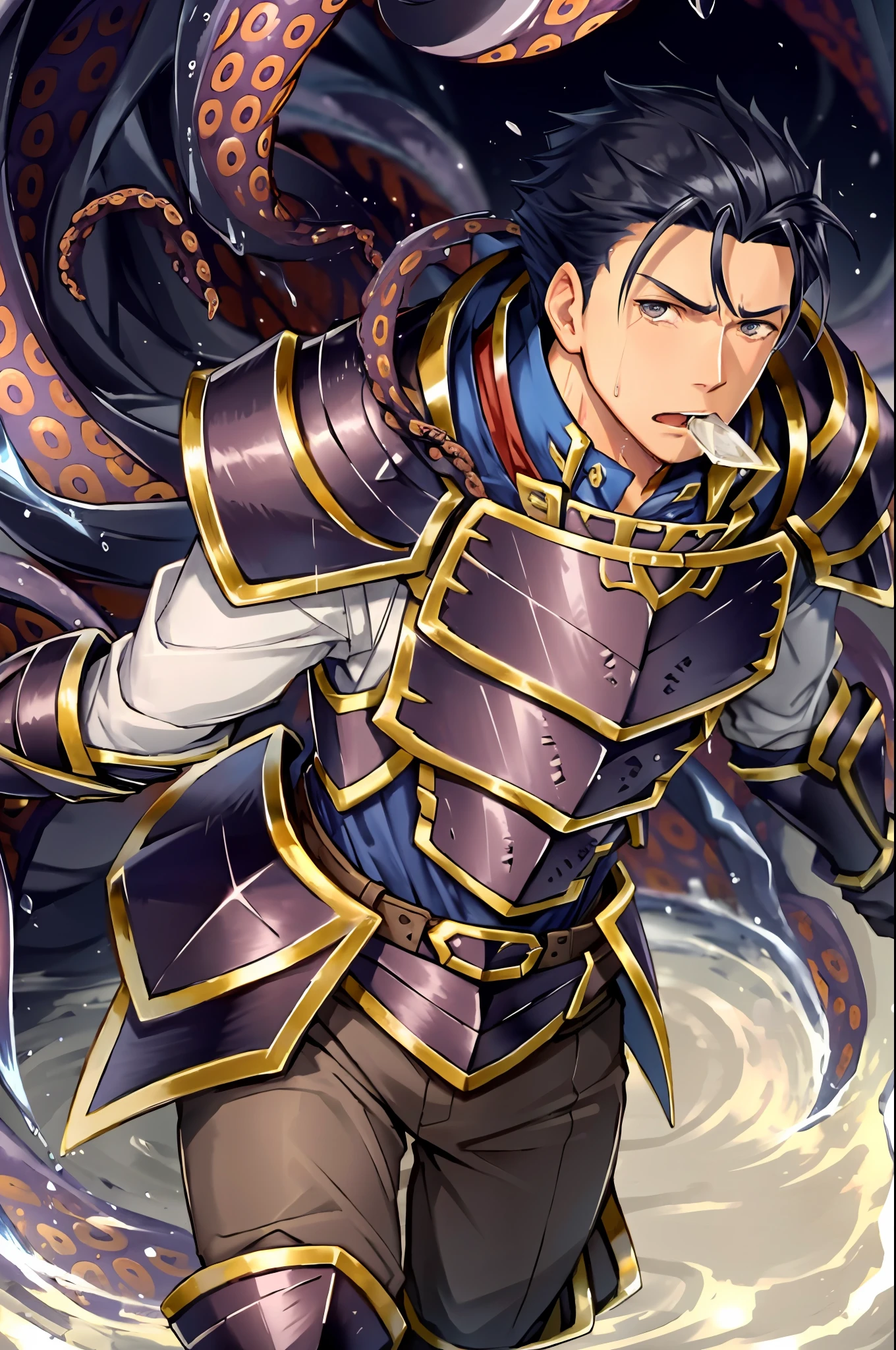 Hector Fey(adult man), 独奏, looking looking at viewer,Tied by tentacles(Mucus-secreting tentacles) ,With his mouth open,droolng,perspire,Tight combat uniform,Armour,Armour,Get wet, mitts, 1 man,weeping,Be red in the face, Male focus,Tentacles wrapped around thighs(Octopus tentacles wrap around thighs), cloaks, Armour, Shoulder armor, Soaked leggings,Wrists bound by tentacles,Waist wrapped around tentacles