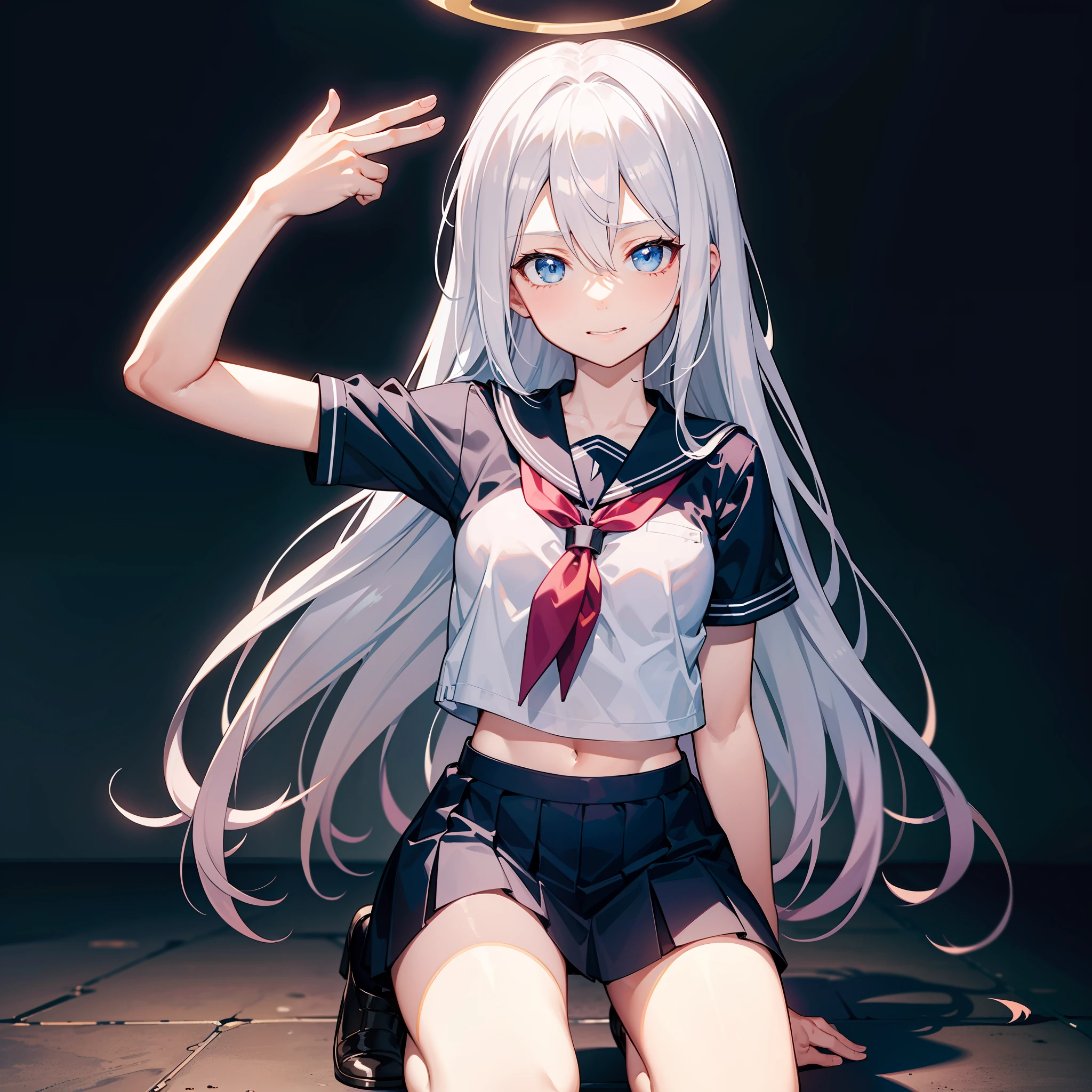 巨作, Best quality, 巨作,Best quality,offcial art,Extremely detailed CG unity 8k wallpaper, crepuscular, strong rimlight, intense shadow, Game_CG, girl, hair between eyes, Blue eyes, Small breasts, tsurime, Long hair, White hair, Putting up with_face, Kneeling, Naughty_face, serafuku,fullllbody,,metal halo,a glowing halo,finger gun