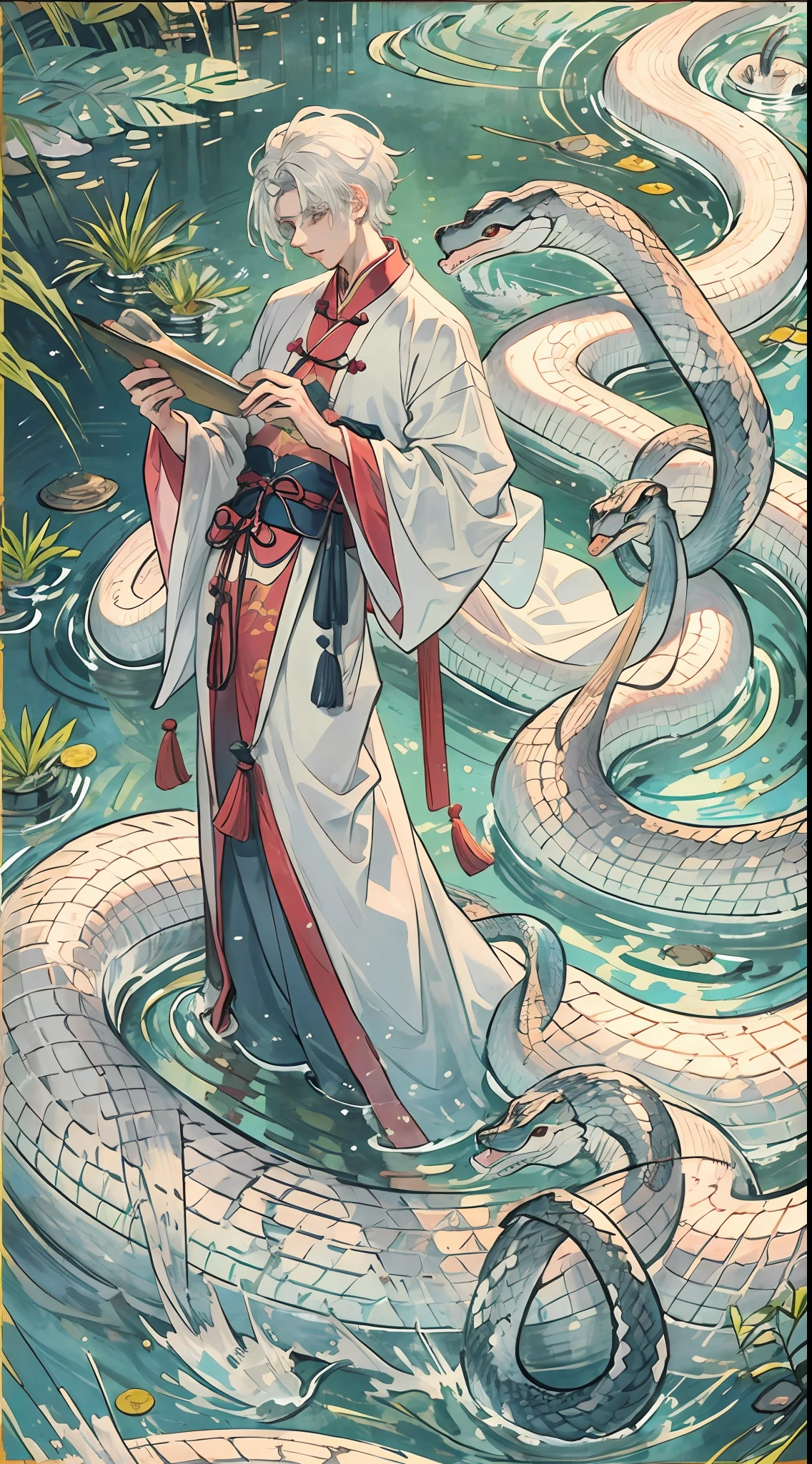 1boys,Male,Man,Hanfu,Chinese clothing,White hair,White Snake,huge snake,Water