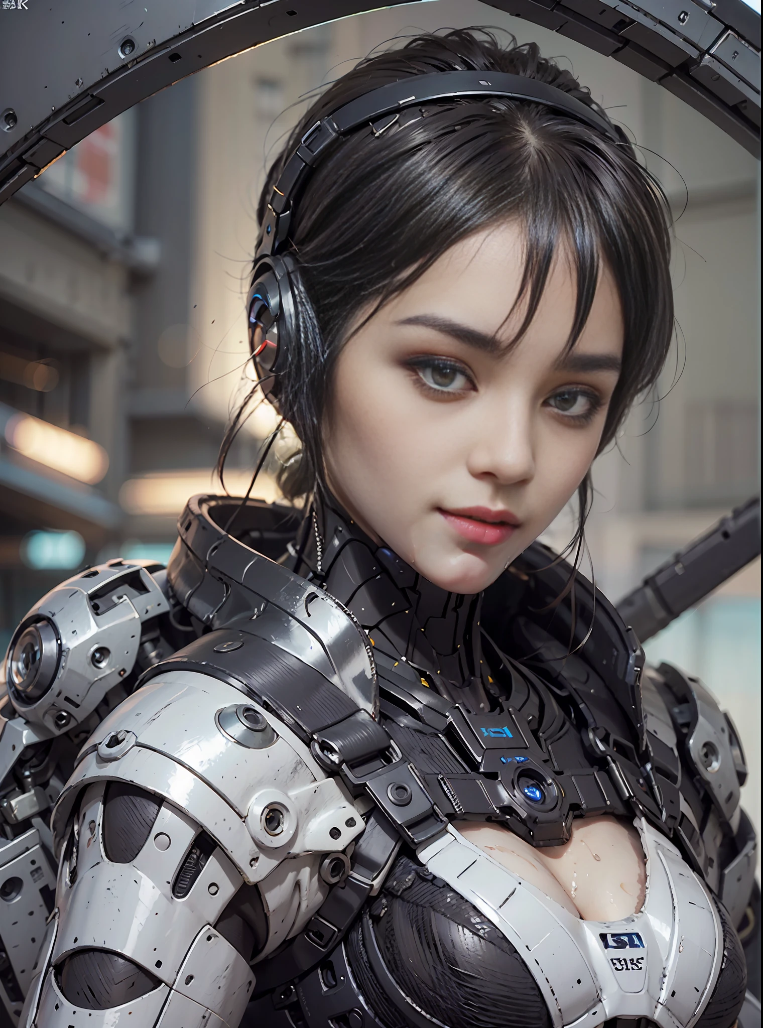 8K, Best quality, masute piece, ultra-high-resolution, (Realism: 1.4), Girl in Futuristic Combat Suit, (purple-eyed), ((Luminous eyes)), in the cockpit of mecha, Real Woman, Cleavage, Real Face, Cute girl, smile, perfect cyborg girl wearing sci-fi headphones, a  beautiful female , Beautiful girl cyborg, black-haired, Wet hair、manipulator, rkgk,