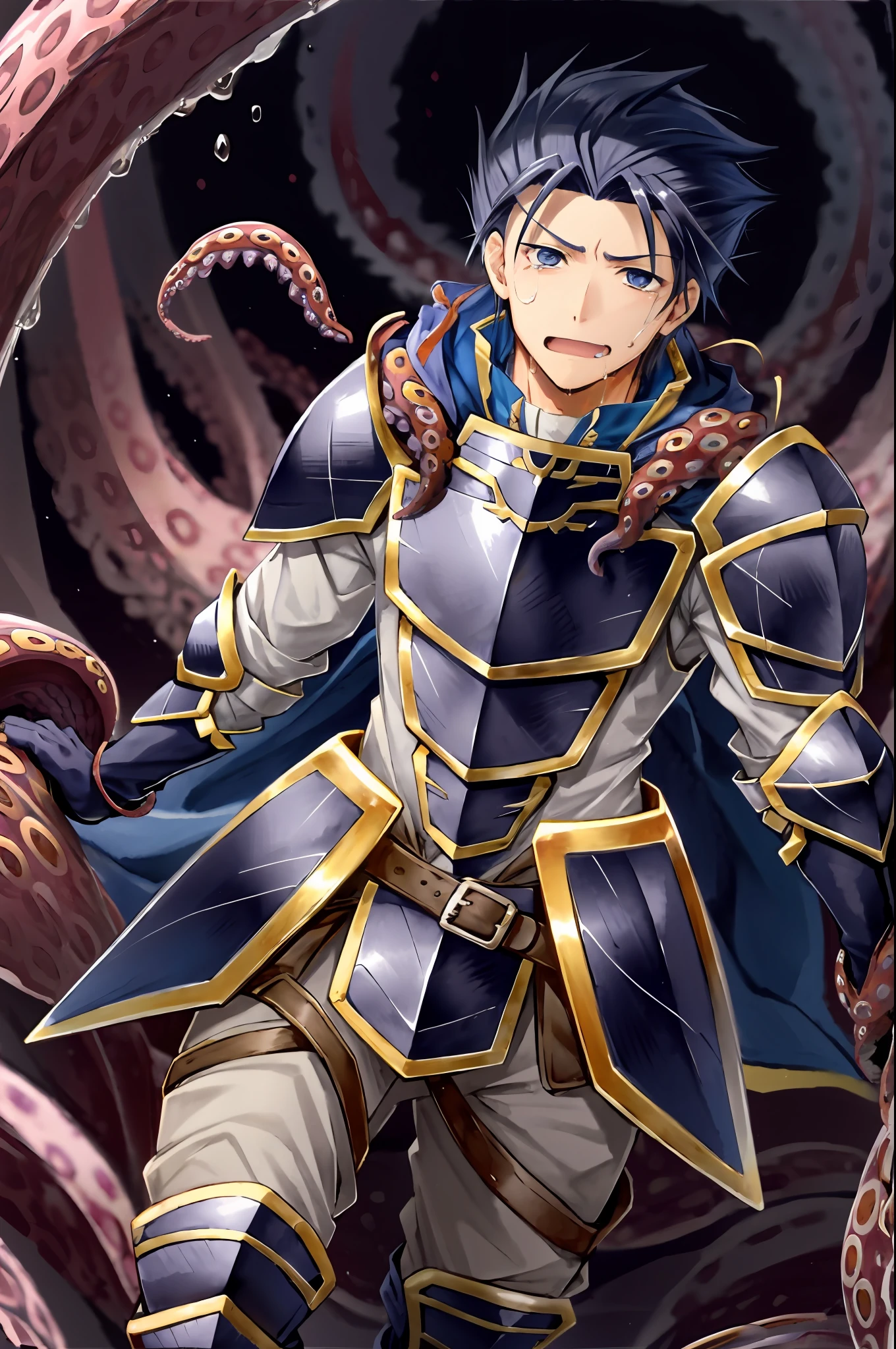 Hector Fey(adult man), 独奏, looking looking at viewer,Tied by tentacles(Mucus-secreting tentacles) ,smil,With his mouth open,droolng,perspire,Tight combat uniform,Armour,Armour,Get wet, mitts, 1 man,weeping,Be red in the face, Male focus,Tentacles wrapped around thighs(Octopus tentacles wrap around thighs), cloaks, Armour, Shoulder armor, Soaked leggings,Wrists bound by tentacles,Waist wrapped around tentacles