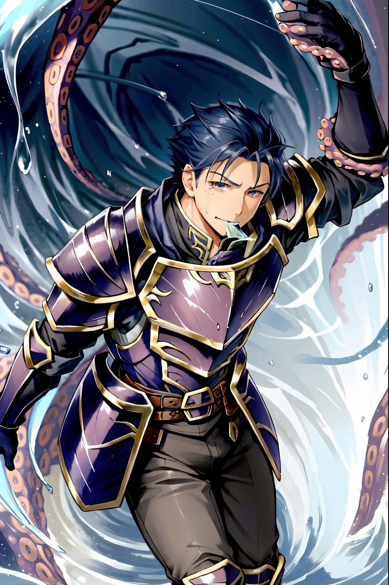 Hector Fey(adult man), 独奏, looking looking at viewer,Tied by tentacles(Mucus-secreting tentacles) ,smil,With his mouth open,droolng,perspire,Tight combat uniform,Armour,Armour,Get wet, mitts, 1 man,weeping,Be red in the face, Male focus,Tentacles wrapped around thighs(Octopus tentacles wrap around thighs), cloaks, Armour, Shoulder armor, Soaked leggings,Wrists bound by tentacles,Waist wrapped around tentacles