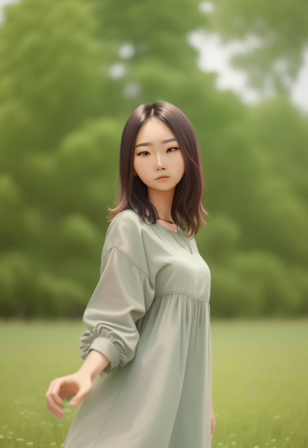 arafed woman in a green dress standing in a field, a young asian woman, young asian woman, an asian woman, young asian girl, mai anh tran, a cute young woman, casual pose, asian woman, photo of young woman, asian girl, nivanh chanthara, photo of a woman, portrait image, with short hair, young woman