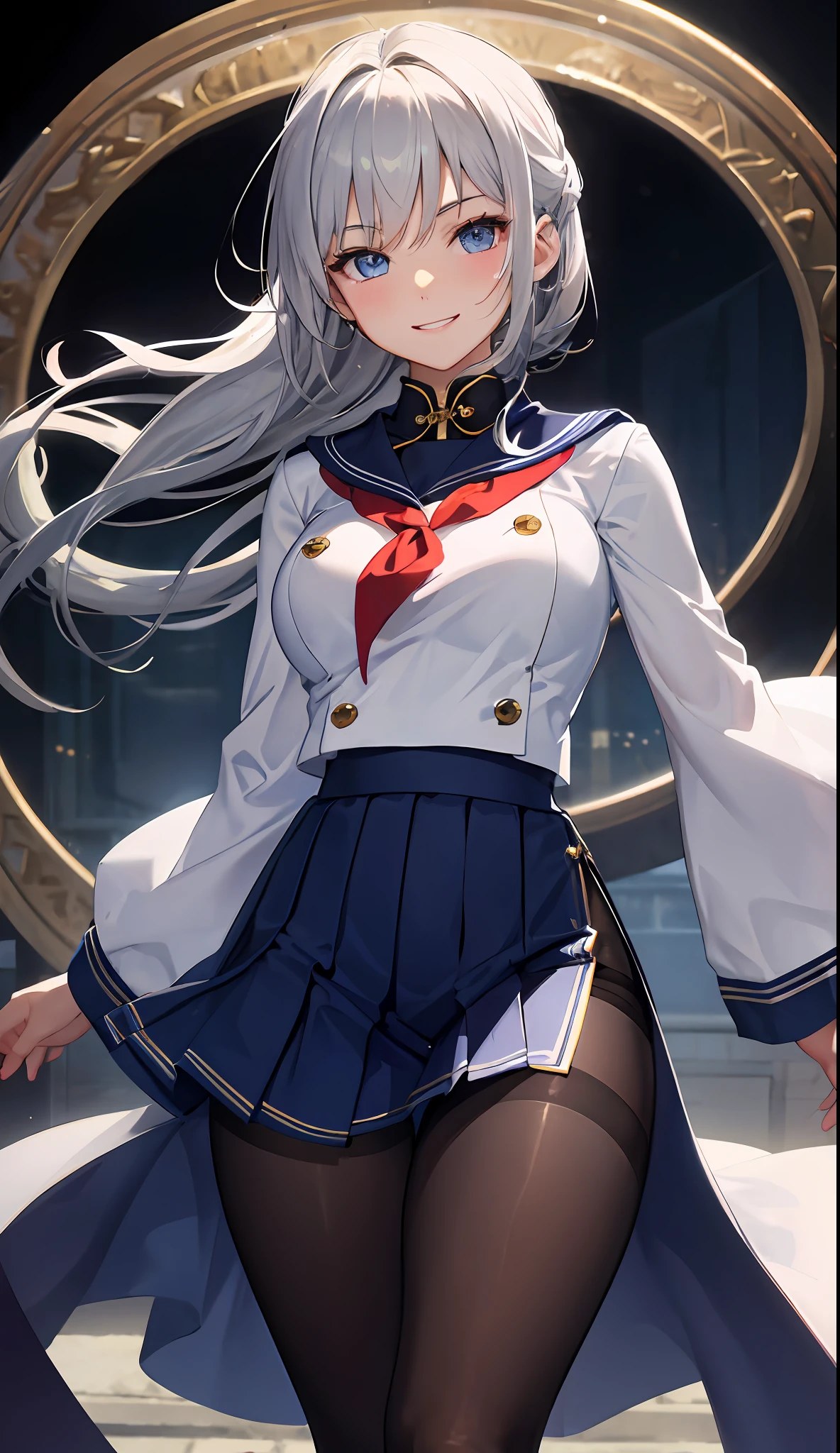 1 Girl、exteriors、шедевр、beautiful lighting、Detailed beautiful face、Detailed beautiful eyes、A high resolution、Ultra-fine illustration、an extremely delicate and beautiful、beste-Qualit、The whole body is shown、Feet first、(A MILF:1.2), 独奏, 30s, (has silver hair,poneyTail,Blue eyes),, Curvaceous, (shinny hair, Glossy eyes, shinny skin), Laugh, A smile, (shining skin:1.2), (sailoruniform)、Pichi Pichi clothes、thighs thighs thighs thighs、simple clothes、Short hem、sleevless 、(Not wearing a skirt)、pelvis curtain、Armpits、A smile、black thighhighs、Watch your audience、under-boobs、blushed、perspiring、Jeweled、thick-thighs、Parting lips、pantyhose、Blushing cheeks