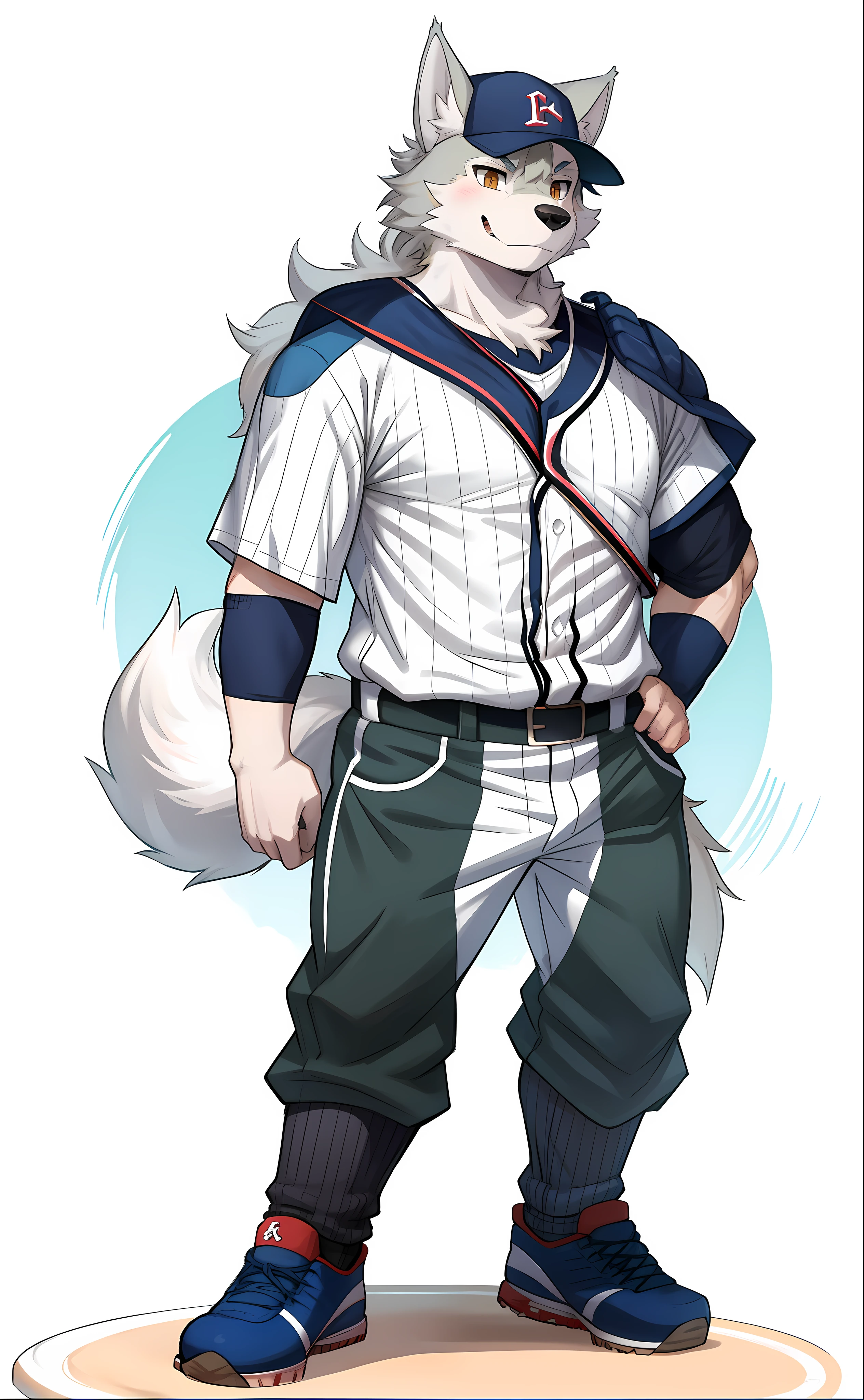 Wolf boy，1 male furry, 独奏，shaggy，Baseball uniforms，baseball cap，Baseball pants，Baseball attire，Stand on the baseball field，perspired，sport，Thin body type，Shota