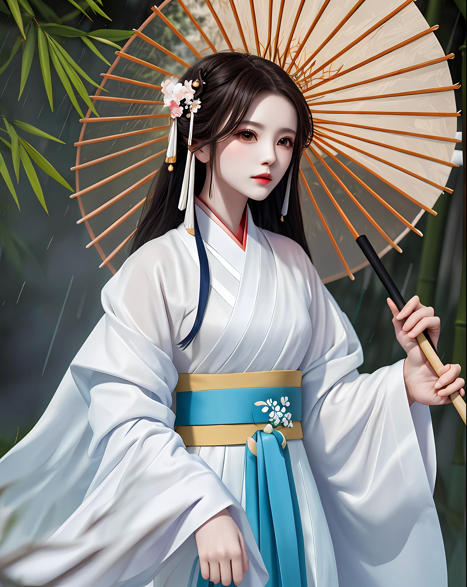 Excellent, masterpiece, high resolution, 1 woman, beauty, Hanfu, white robe, oil paper umbrella, bamboo forest, rain, panda