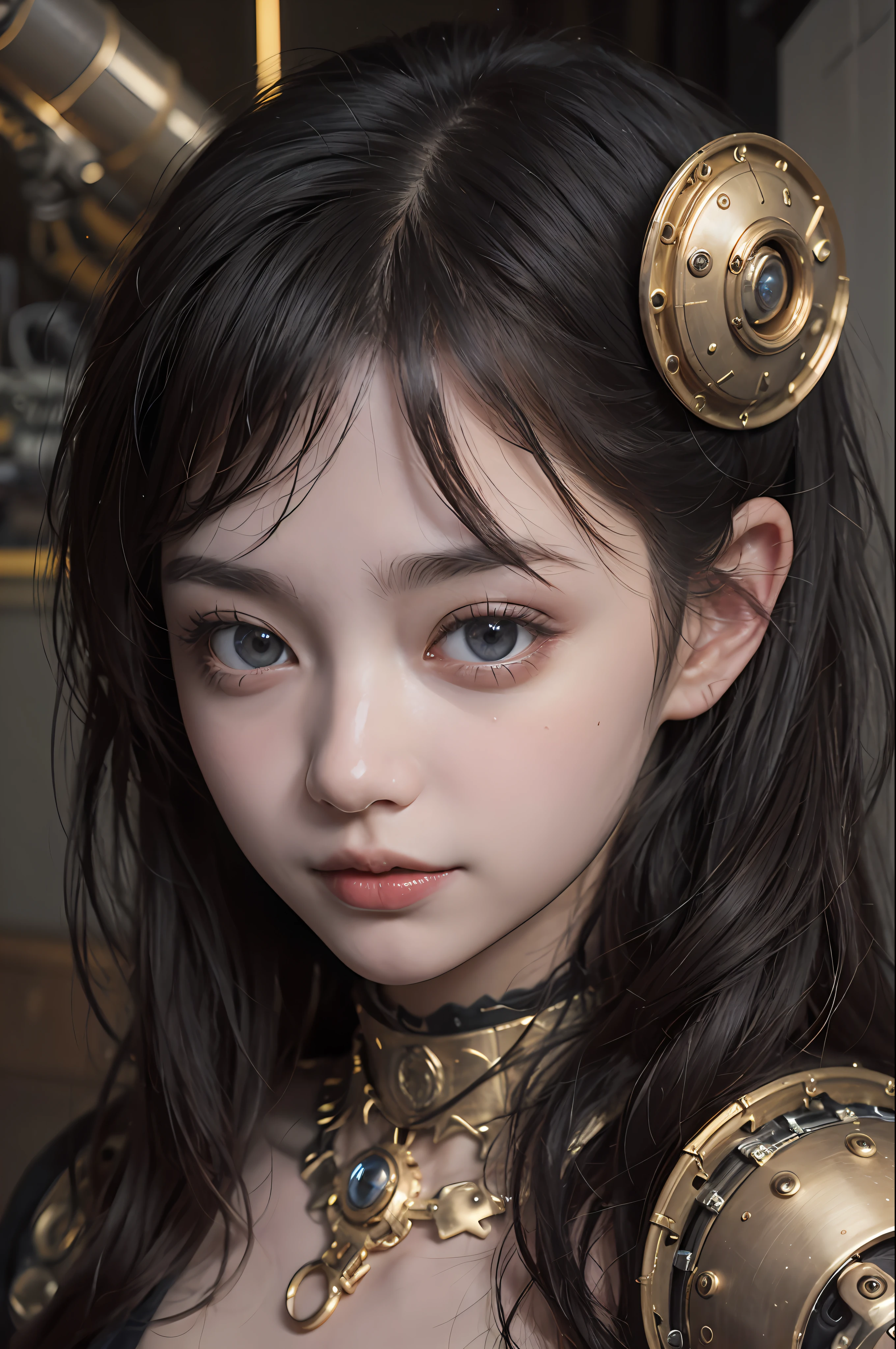 beste-Qualit、шедевр、ultra-high-resolution、(photo- realistic:1.4)、Raw photo、女の子1人、Black hair、glowy skin、Steampunk Girl、((hyper realistic detail))、portlate、Global Illumination、Shadow、octan render、in 8K、ultrasharp、tetas grandes、Raw skin is exposed in cleavage、steampunc、metals、Golden gears、Hydraulic cylinder、Details of complex ornaments、Gothloli details、Luminous tube、extremely intricate detail、Realistic light、CGSoation Trends、purple-eyed、radiant eyes、Facing the camera、neon details、Mechanical limbs、blood vessels connected to tubes、Mechanical vertebrae attached to the back、mechanical cervical attaching to neck、sitting on、Wires and cables connecting to the head、Small LED lamp、The backdrop is a steampunk city of the future、