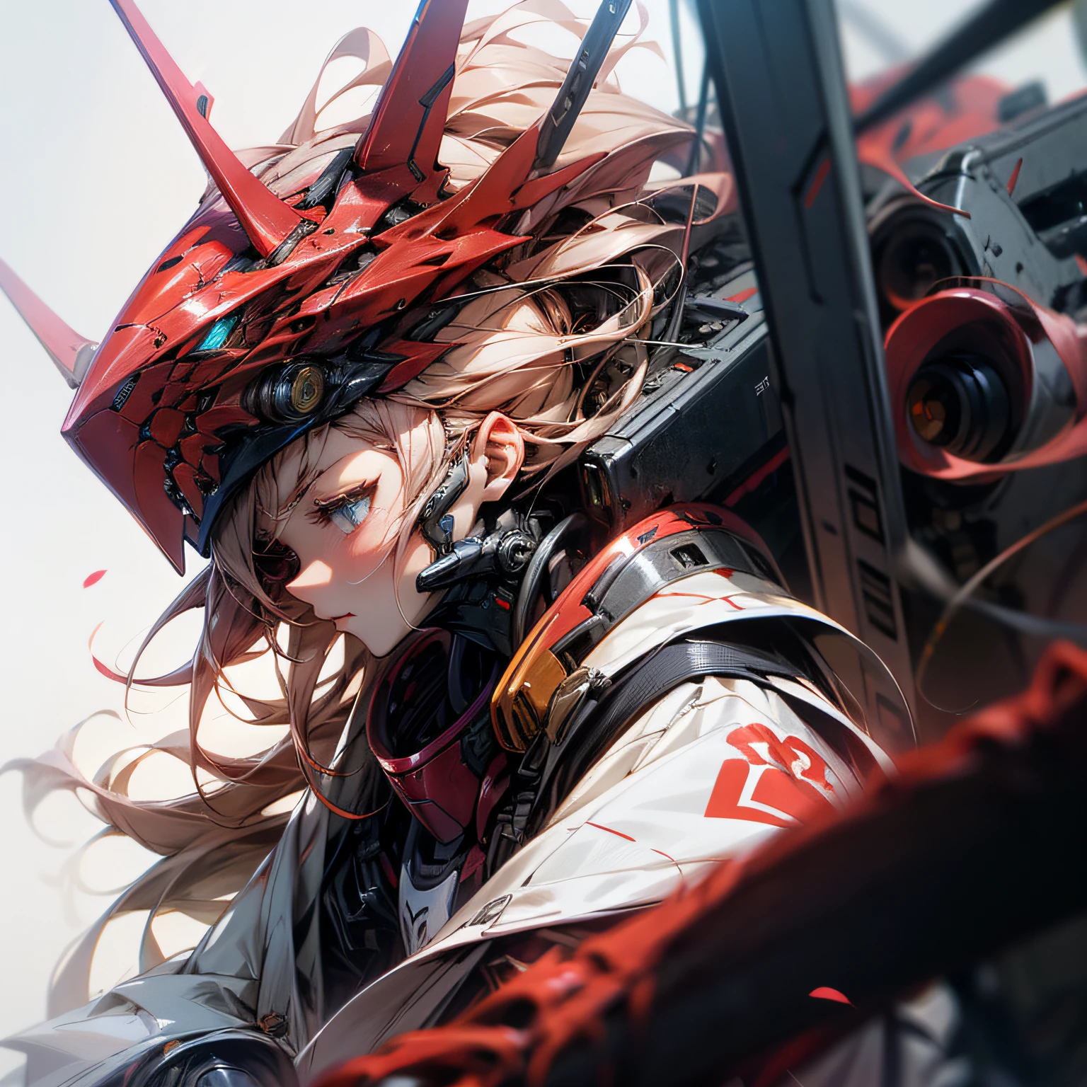 Day man（《DARLING in the FRANXX》，The heroine，）02，Mecha girl，Darling（The eye，abundantly detailed，）Detailed face，Dragon head mech，Mecha style，Best Quority，8k wall paper，battleground background， Mechanized Valkyrie girl,cyber punk style， --auto