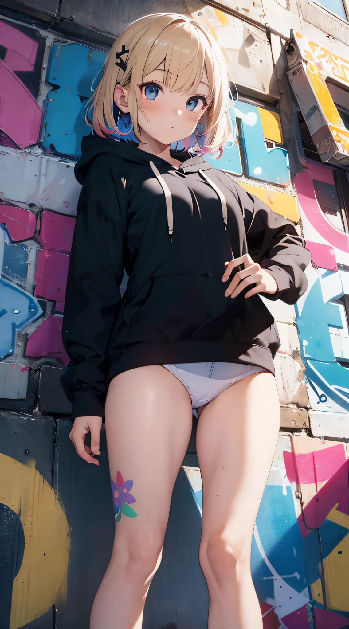masterpiece, high quality, highres, absurdres, ultra-detailed, 8k, 1girl, Pastel colors hair, multicolored hair, gradient hair, looking at viewer, colorful eyes, (Pastel colors panties), (ultra-small panties), (unadorned panties), (colorful hoodie), Well-endowed, breasts, full body shot, ((angle from below)), (graffiti murals wall background:1.15), brilliant colorful paintings, portrait, cross hair ornament, against wall, bangs, shadow, reflection