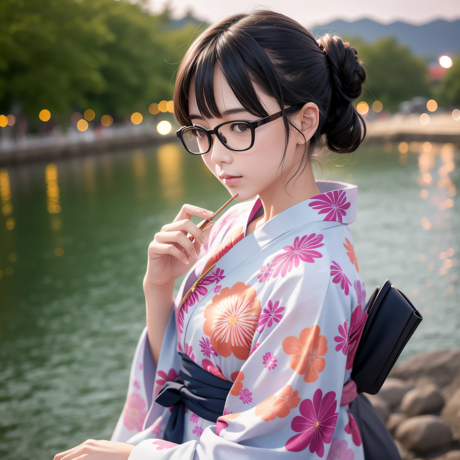 autumn leaves Shorthair eye glass kimono black-haired japanes Female nipple The photograph