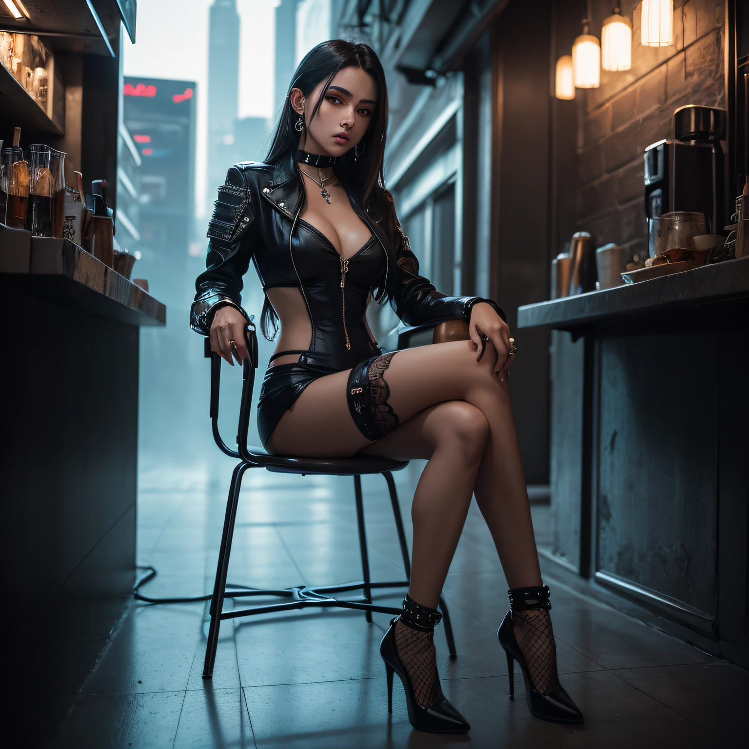 (Stunning Cyperpunk Female), (Metropolis Setting) (Sitting on a Chair in front of a Cyberpunk City Café), (Full body), (BODY IN MOTION), (Kynetic Body Parts), (Perfect Traced Face), (Outstanding Complex background), Masterpiece, Proportionate, HDR, Photorealistic, Insane Coloration, (Extreme Detailed Futuristic Clothing), clothing with Beautiful bright Neon colours, Clothing design has fractal and tiling features with insane futuristic details, Clothing Material is smooth Leather, Extreme Majestic Fashion, High Heels, (Stocking Barely seeable),Choker, Amulet, Long Intense Hair, Hair Jewelry, Cold Breeze, aesthetic Pose, Neon Environment, Sunset lighting, (Proportionate Body), Perfect rendering, Reallife Human, Dark Cyberpunk, Dark Cyberpunk setting, Chiaroscuro, (Beautiful Noticeable Light Eyes), Long Earings, Little bit Steampunk setting, Cyberpunk Clothing, Mythic clothing Touch, Particularly Outstanding Generation, Outstanding Image, Human Anatomy, {{Dark Foggy Ambient}}, --auto