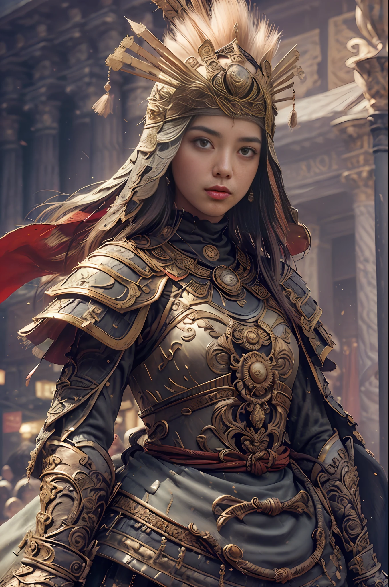 ((work-before))), ((best quality))), ((Ultra-detailed)), (hyper-realistic), (highly detailed CG illustration), cinematic lighti, photorealistic, extremely beautiful young lady, on the St. Peter's Square of Vatican,(beautiful face and lips), black hair, light makeup, big chest, intricate detailed eba, red cape, spear, Trend at Artstation.