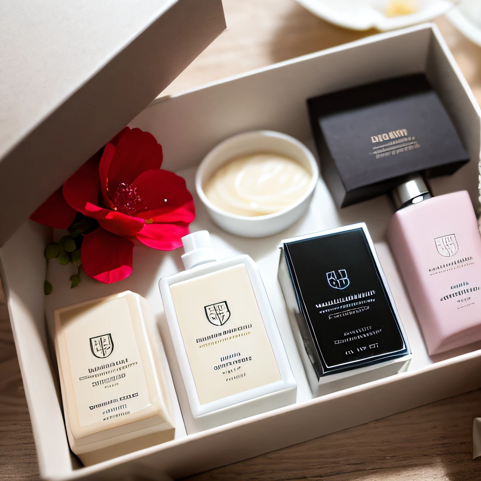High-class hand soap、Close-up of a box with amenities such as a diffuser, Luxurious,  beeutiful, A luxurious setting, Formidable, collection product, thumbnail, Trendy, stunningly, by Victoria Francés, posh, lovly, Lifestyle, exquisite detailing, colori, Body, beauteous sumptuous,