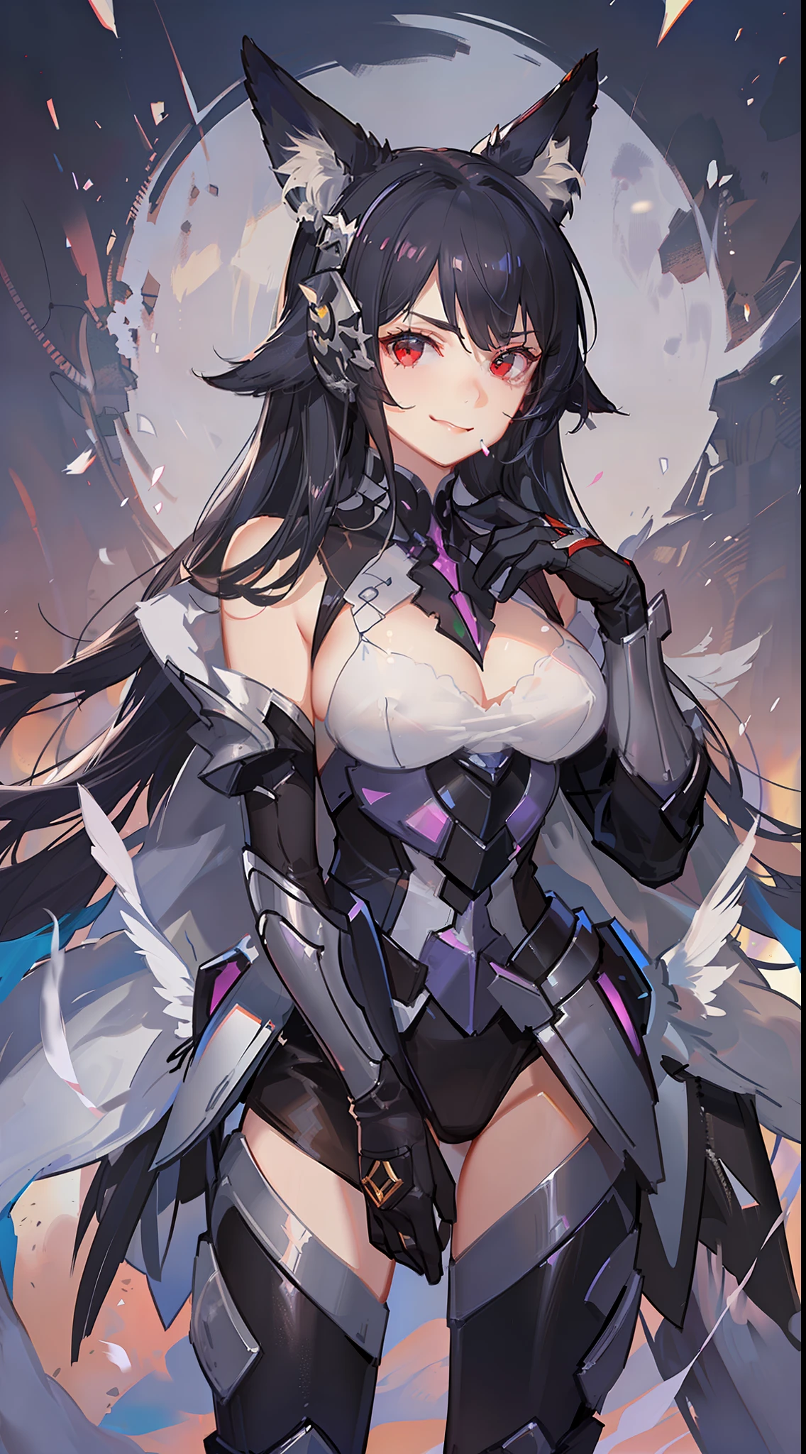 young girl, Long black hair, Fox ears, red eyes, smirk, Decepticon armor, Starskrim, open shoulders, open breasts, smirk, wings, Masterpiece, highly quality