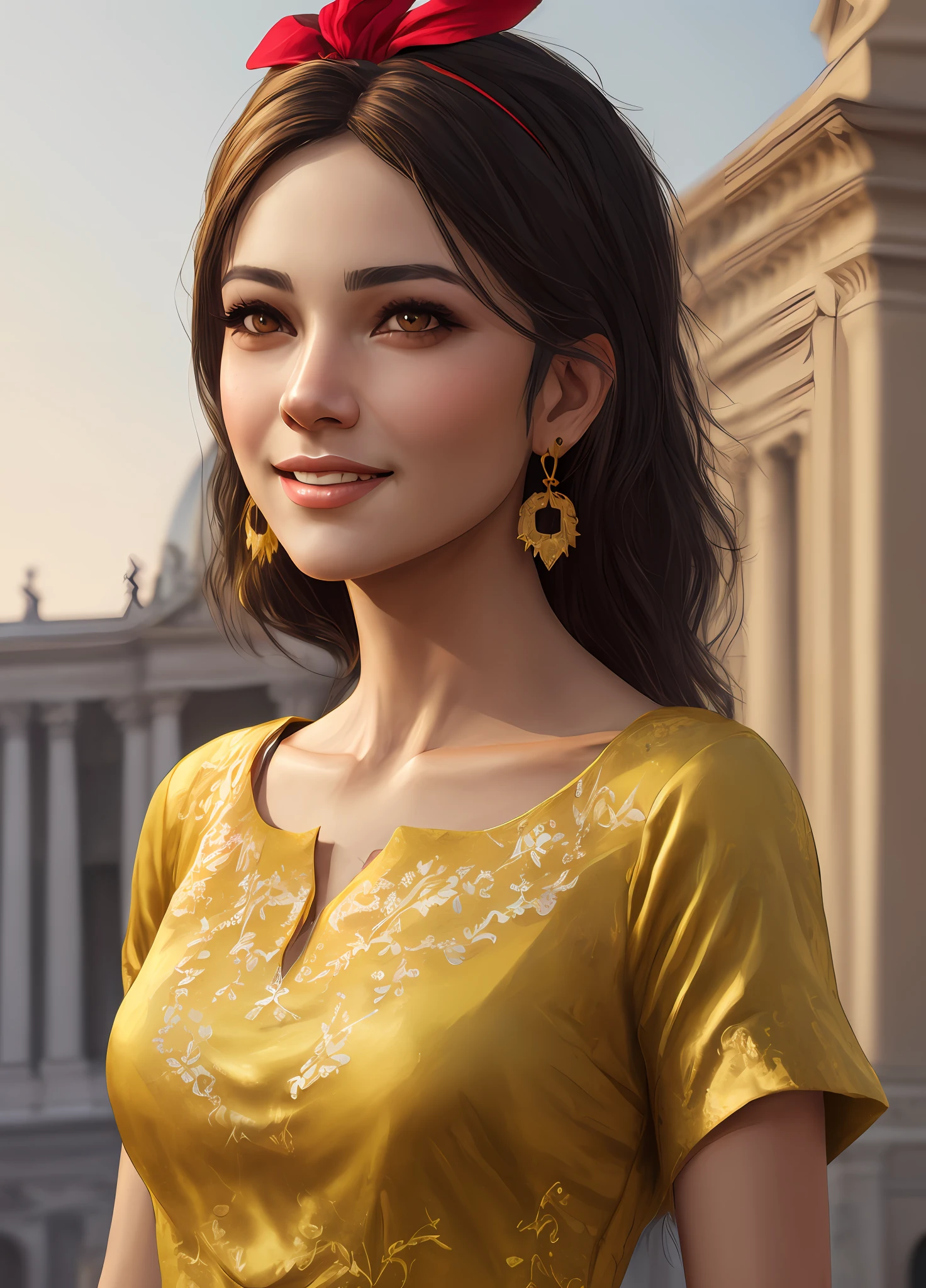 josie rizal, hairband, shirt, skirt, earrings,on the St. Peter's Square of Vatican,(masterpiece, best quality:1.4), (modern days), (cowboy shot), 1girl, solo, pov, sfw, stunning girlfriend, (standing:1.1), dynamic pose, heart shaped face, elegant face, beautiful face, highly detailed face, highly detailed skin, skin pores, subsurface scattering, realistic pupils, medium breast, loving smile, looking at viewer, full face blush, full lips, detailed background, depth of field, atmospheric perspective, volumetric lighting, sharp focus, absurdres, realistic proportions, good anatomy, (realistic, hyperrealistic:1.4), 16k hdr,