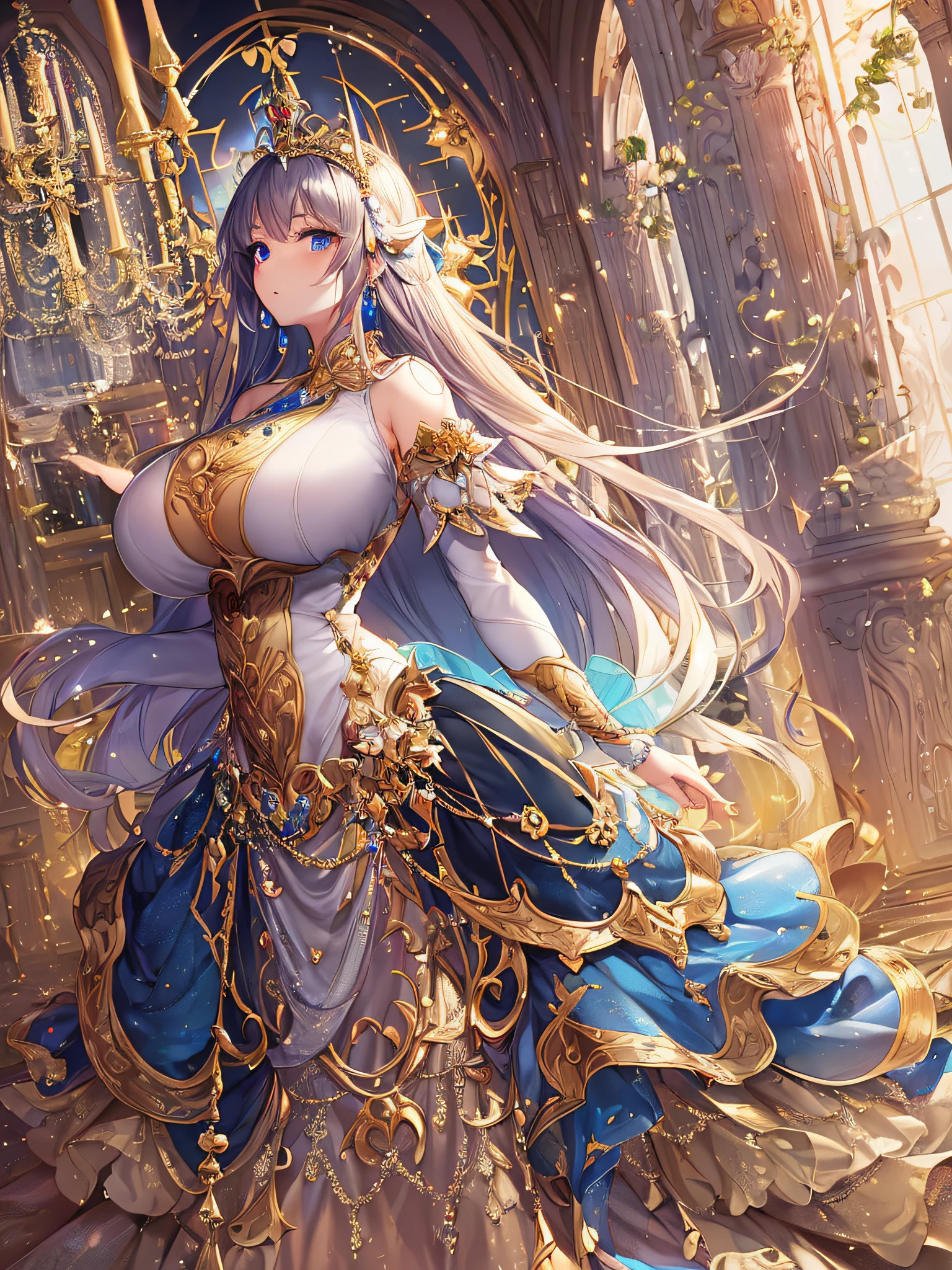 ((anime artstyle)),(Masterpiece),(Best Quality), (Super Detail),((Very Delicate and Beautiful)),Focus on character,Dynamic Angle,Looking at viewer,((Solo)),standing,(((full body))),(((one fairy tale world princess in gorgeous ball gown with voluminous skirt))),detailed face and eyes,jewel-like eyes,((Very Long voluminous Hair)),gorgeous embroidery and lace,See-through,ornate ruffles,Gorgeous jewelry ornaments,luxury hair ornament,luxury tiara with jewels,(gigantic breasts,Long breasts),full body,full body,((fairy tale world)),fairy tale atmosphere,jeweled ball gown,((gorgeous ball gown with voluminous skirt))