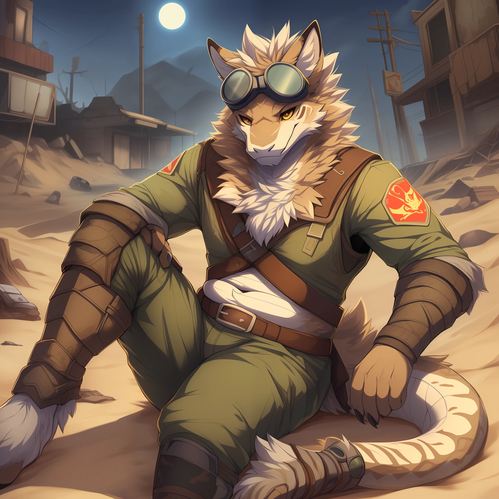 (solo, anthro, male, full length portrait:1.2), (detailed background:1.2), (night stalker \(fallout\):1.2), long tail, (snake:1.2), coyote, (mane:1.1), (slim:1.1), (slightly chubby, :1.1) (long snout:1.2), (detailed scales:1.1), by zackary911, colored sketch, outline, digital media \(artwork\), (digitigrade:1.2), (sitting with elbows on knees:1.2), (fully clothed, fantasy guard outfit:1.0), (post-apocalyptic:1.0), (wasteland:1.1), (retro, vintage,goggles:1.3), colorful, (fisheye lens:1.1), (sand colored fur:1.2), (rattlesnake tail:1.0), (fluffy:1.3), (brown face:1.1), (gray ears:1.2), (adult male:1.2), (muscular:1.1)