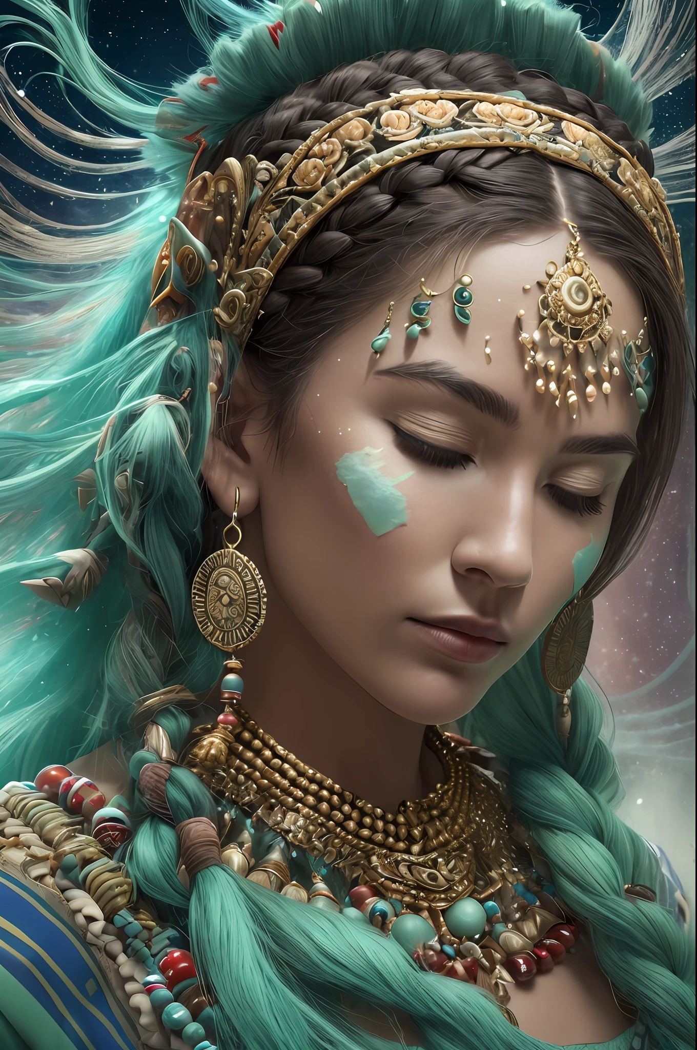 (full portrait), (half shot), solo, detailed background, detailed face, (stonepunkAI, stone theme: 1.1), sage, (male), (Native American), (fine hair, braids: 0.2), shaman, mystical, (beautiful face), impressive, head tilted up, (eyes closed, serene expression), calm, meditative, seafoam green frayed clothing, prayer beads, tribal jewelry, feathers in hair, headdress : 0.33, jade , obsidian, detailed clothing, realistic skin texture, (floating particles, swirling water, embers, ritual, whirlwind, wind: 1.2), sharp focus, volumetric lighting, good reflections, good shading, subsurface scattering, intricate, highly Detailed, ((Cinematic)), Dramatic, (Highest Quality, Award Winning, Masterpiece: 1.5), (Photorealistic: 1.5), (Intricate Symmetrical Warpaint: 0.5)