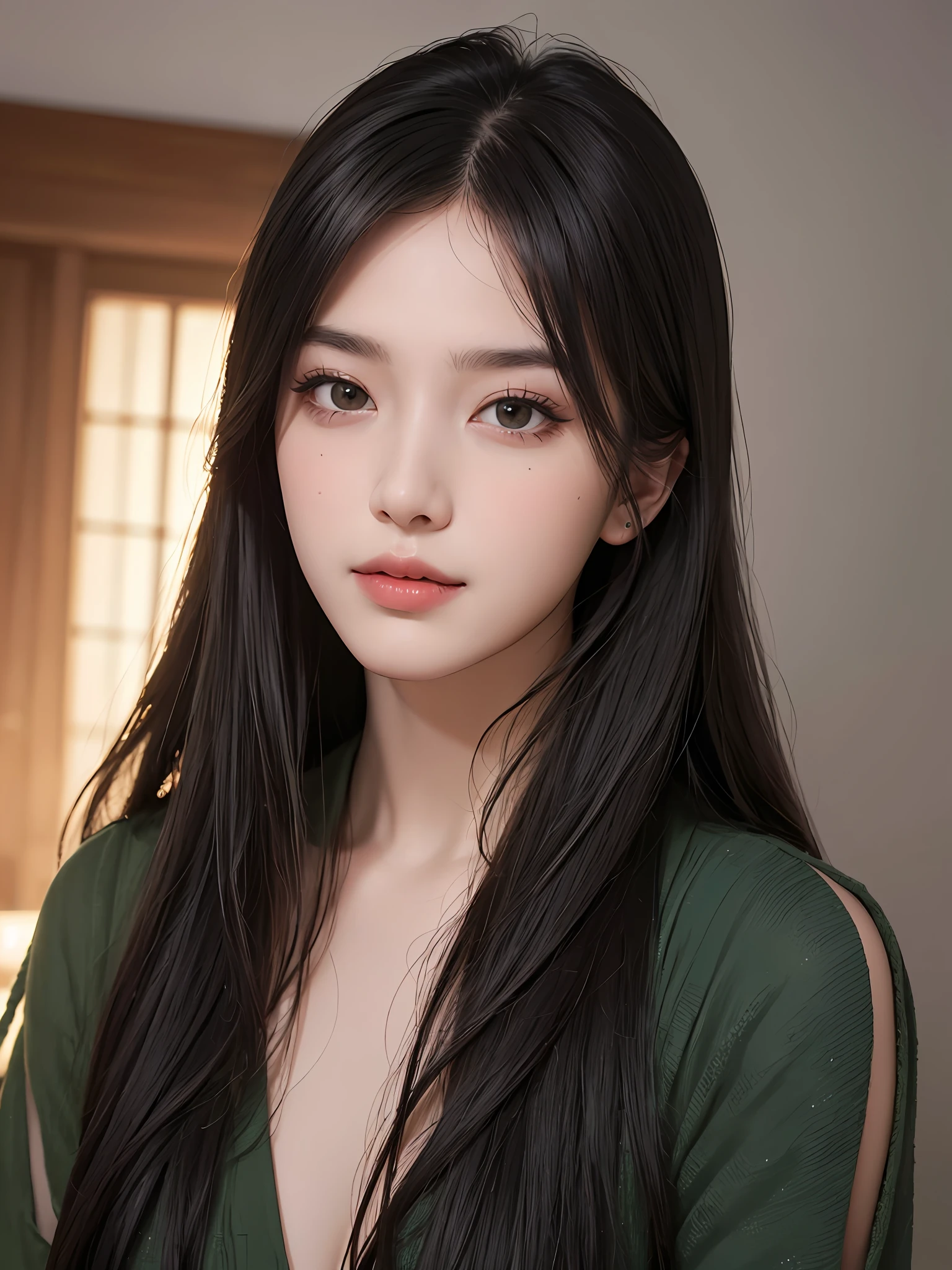 Masterpiece, best picture quality, high quality, beautiful woman, Japanese, popular Korean makeup, detailed, swollen eyes, detailed eyes, detailed skin, beautiful skin, ultra high resolution, (reality: 1.4),very beautiful, slightly younger face, beautiful skin, slender, (ultra realistic), (illustration), (high resolution), (8K), (very detailed) (best illustration), (beautifully detailed eyes), (super detailed), (wallpaper), (detailed face), looking at viewer, fine detail, detailed face, pureerosfaceace_v1, smiling, looking straight ahead, looking straight ahead, angle from waist up, realistic photo, bright lighting, professional lighting, black hair (some green), long hair, dark ruins, big red moon, gorgeous red and black dress, mature woman, long stylish bangs,