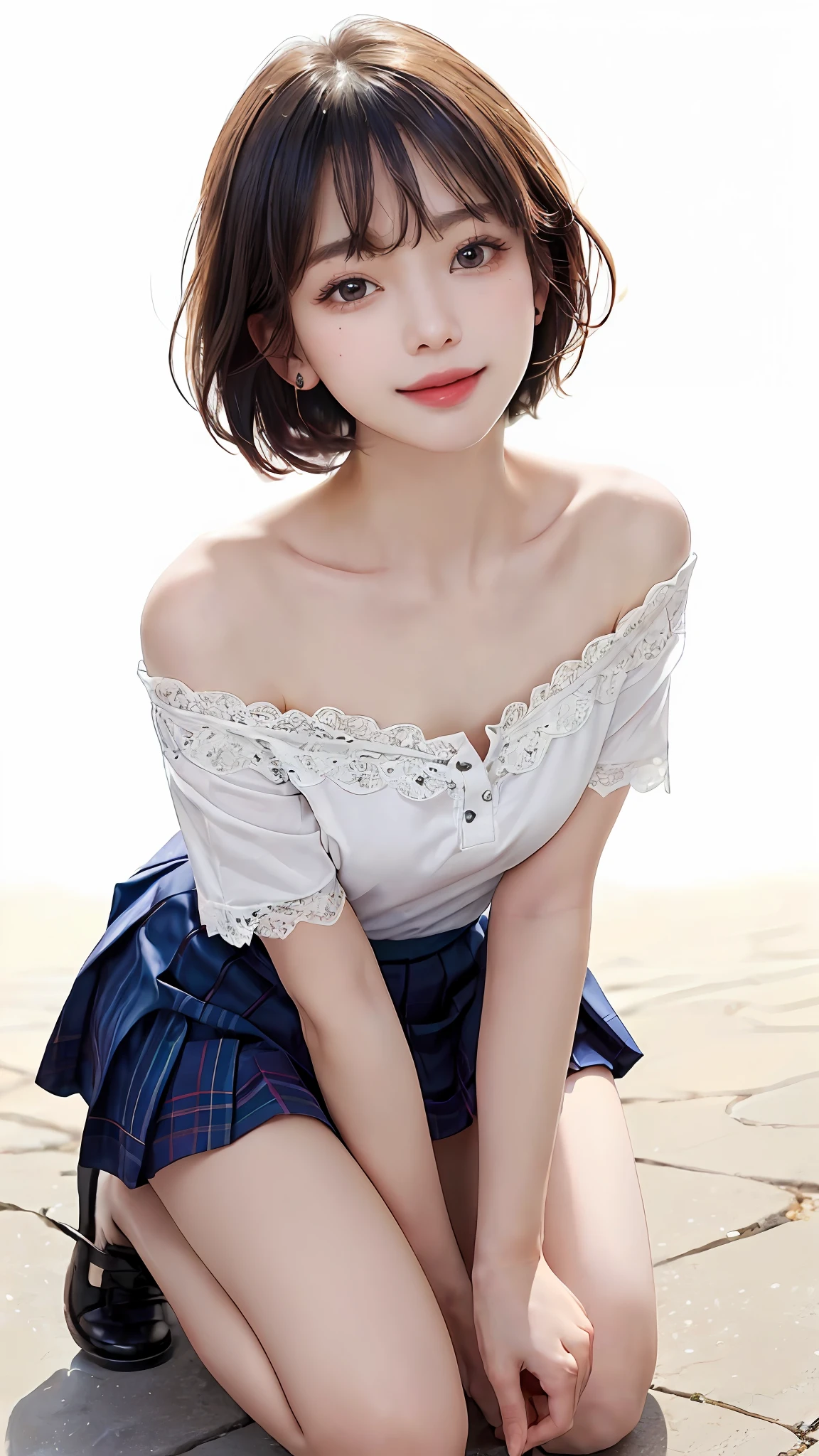 Pee、Fashion trendy beautiful and charming woman、gentle and charming Chinese beautiful woman、Korea person、(KPOP Idol)、Delicate and sexy collarbone、charming oval face、双眼皮、Smart peach blossom eyes、Pink lips、a small nose、bareshoulders、closeup of the face、(extreme high definition、super detaill)、White off-shoulder lace shirt、((White lace panties)、Fresh and impressive、 natural、(kneeling on the ground)、(legs wide open)、(spread legswide)、(From a low angle)、(shinny skin)、(lowangle))、Perfect figure、The areol、cleavage of the breast、Underarm wrinkles、(Urine on the floor))、(((Showpiece、beste-Qualit、highly accurate))、1人の女の子、(tetas grandes、photo- realistic:1.4)、(((Slightly above the camera、looking up at the camera、look up to、looking up at the camera、 Staring at the camera)))、独奏、、White background、Snow White background、Keep your mouth shut、Happy smiling face、pretty black hair、shorth hair、big eye、pronounced double eyelids、eye lashes、Ears out、long neck、long neck、Absolute Area、((closeup of the face、short hair with bangs))、19yearsold、Attractive proportions、shinny skin、Clean collarbone、Golden Ratio Face、perfect  face、tear moles、 mole on breasts、bangss、Clean bangs、Beautiful bangs、lipgloss、thin lips、White Skin Skin、I took off my clothes、big chest out、a small face、Staring at the camera slightly upwards、((Smile a little at the camera、Immaculate white background with nothing really、Very big big big、big chest out))、(((school  uniform、shirts、sleevless)))